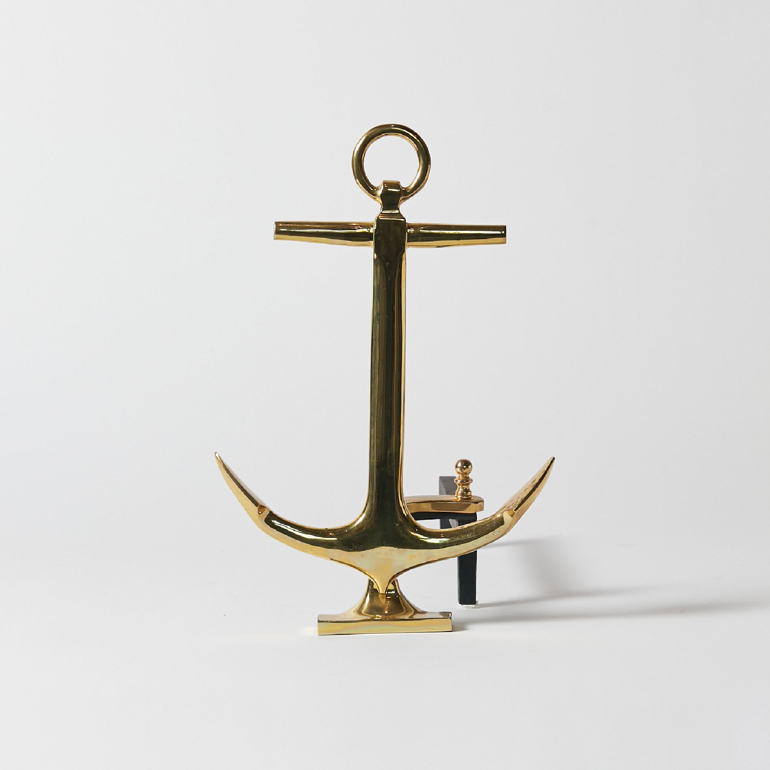 Pair of 1940 Anchor-Shaped Andirons in Polished Brass In Good Condition For Sale In Philadelphia, PA