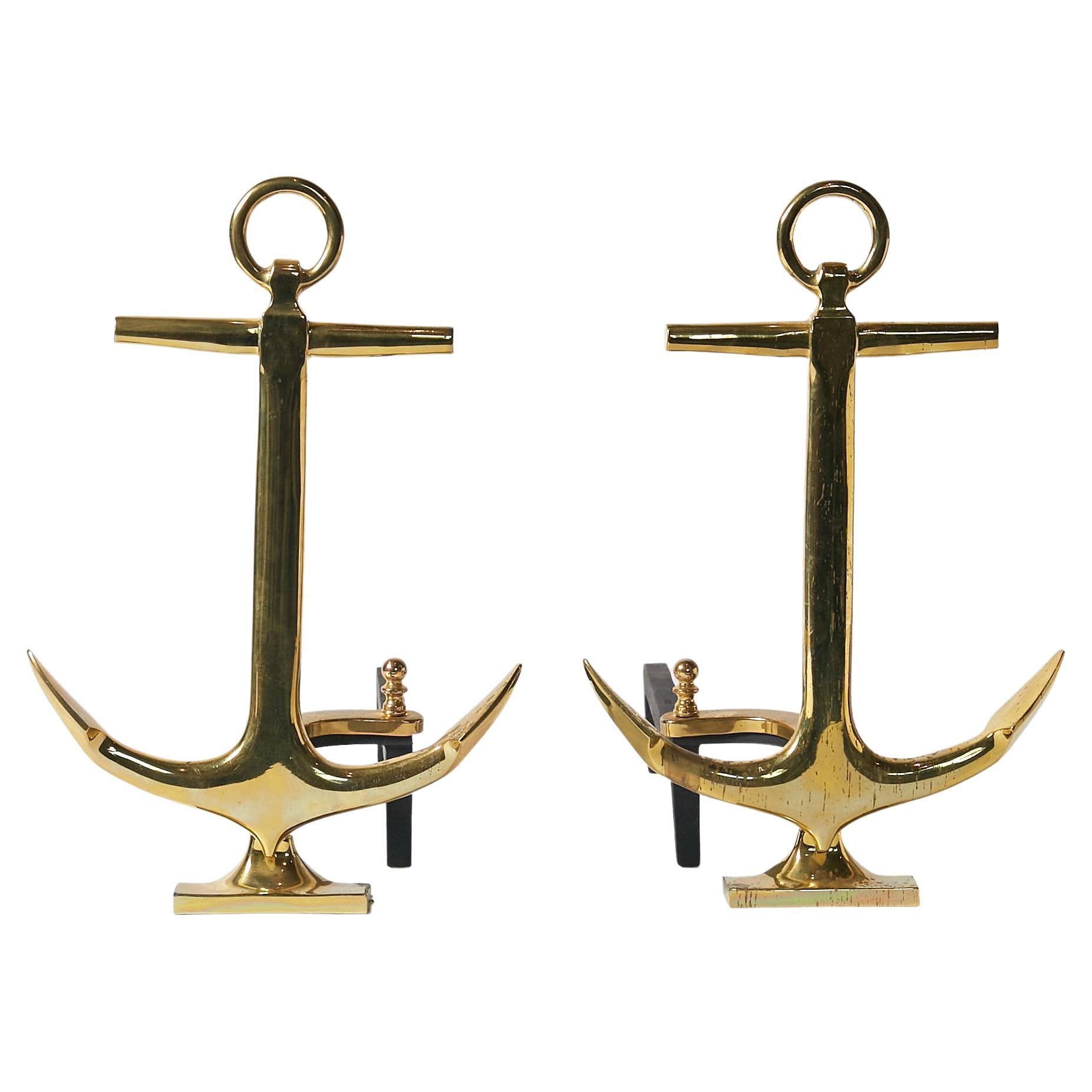 Pair of 1940 Anchor-Shaped Andirons in Polished Brass