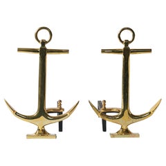 Vintage Pair of 1940 Anchor-Shaped Andirons in Polished Brass