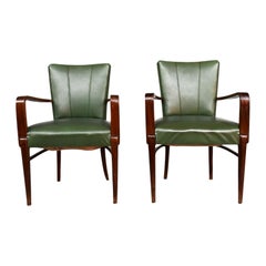 Pair of 1940 Armchairs in Green Leatherette and Beech