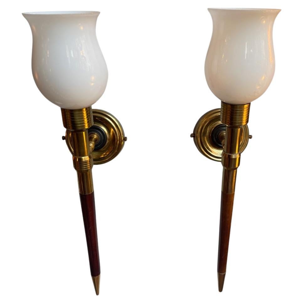 Pair of 1940s - 1950s French Brass & Wood Sconces  For Sale