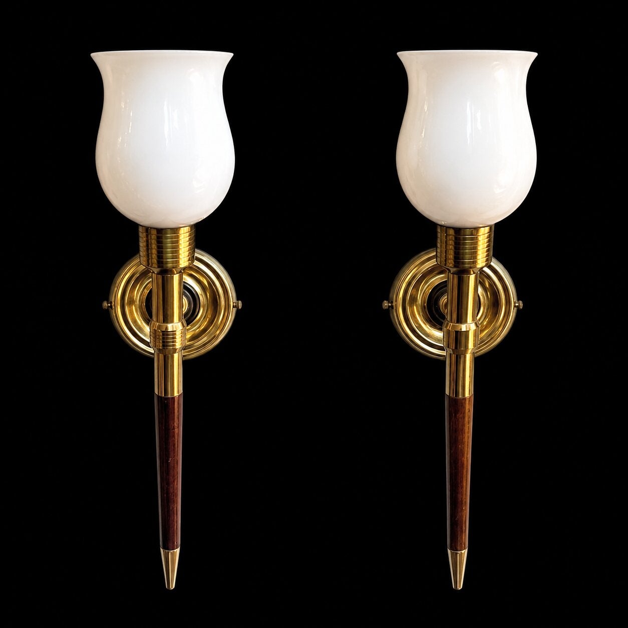 Pair of Maison Lancel Brass & Wood Wall Sconces