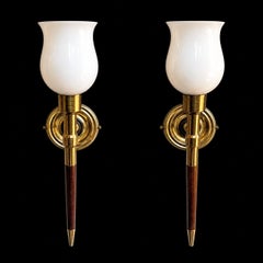 Pair of Maison Lancel Brass & Wood Wall Sconces