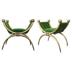 Pair of 1940s/50s Italian Brass Curule Stools with Scrolled Legs & Mohair Fabric