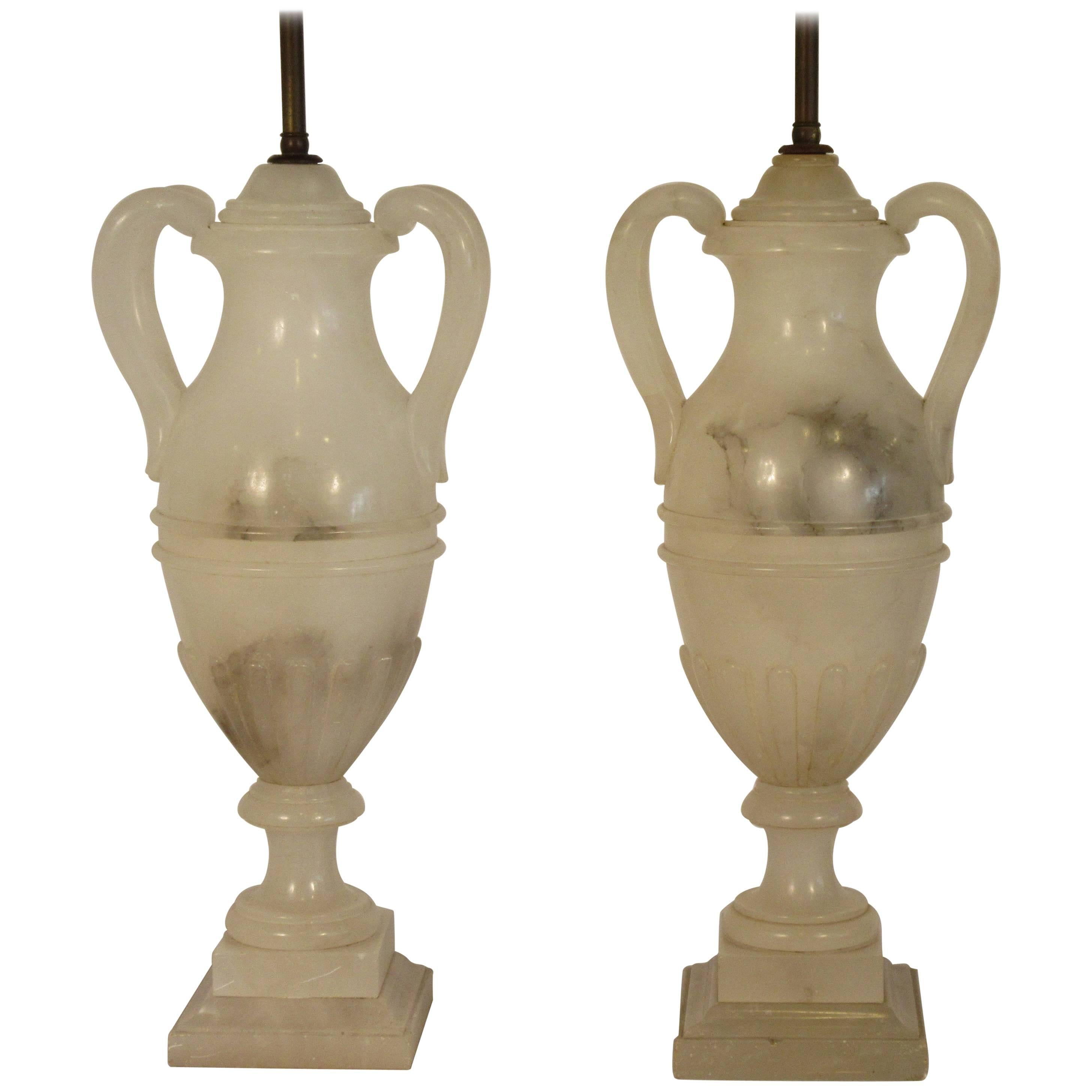 Pair of 1940s Alabaster Classical Urn Lamps