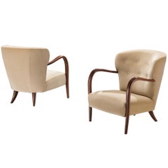 Pair of 1940s Art Deco Armchairs in Soft Creme Velvet