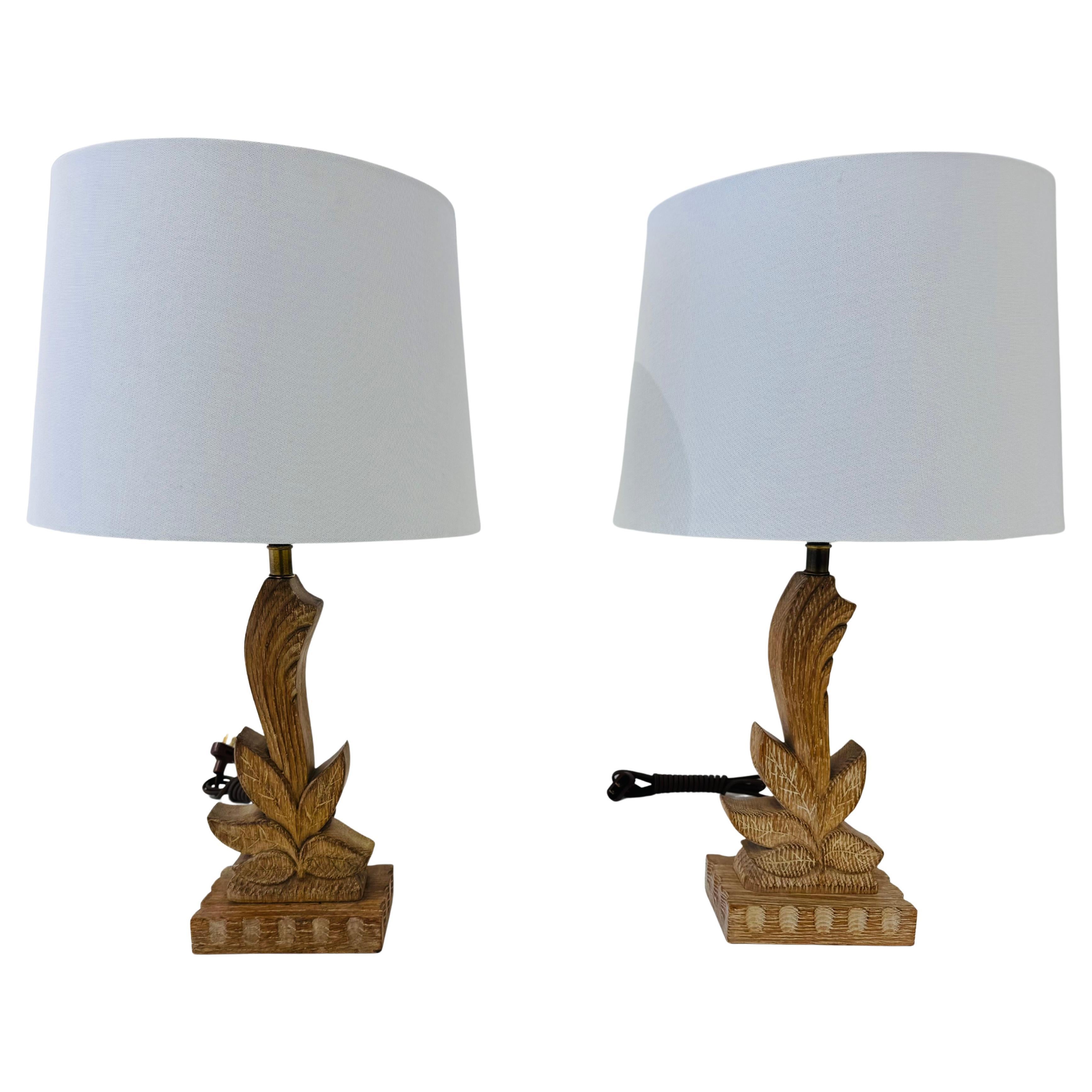 Pair of 1940s Art Deco Carved Wood Heifetz Table Lamps