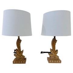 Pair of 1940s Art Deco Carved Wood Heifetz Table Lamps