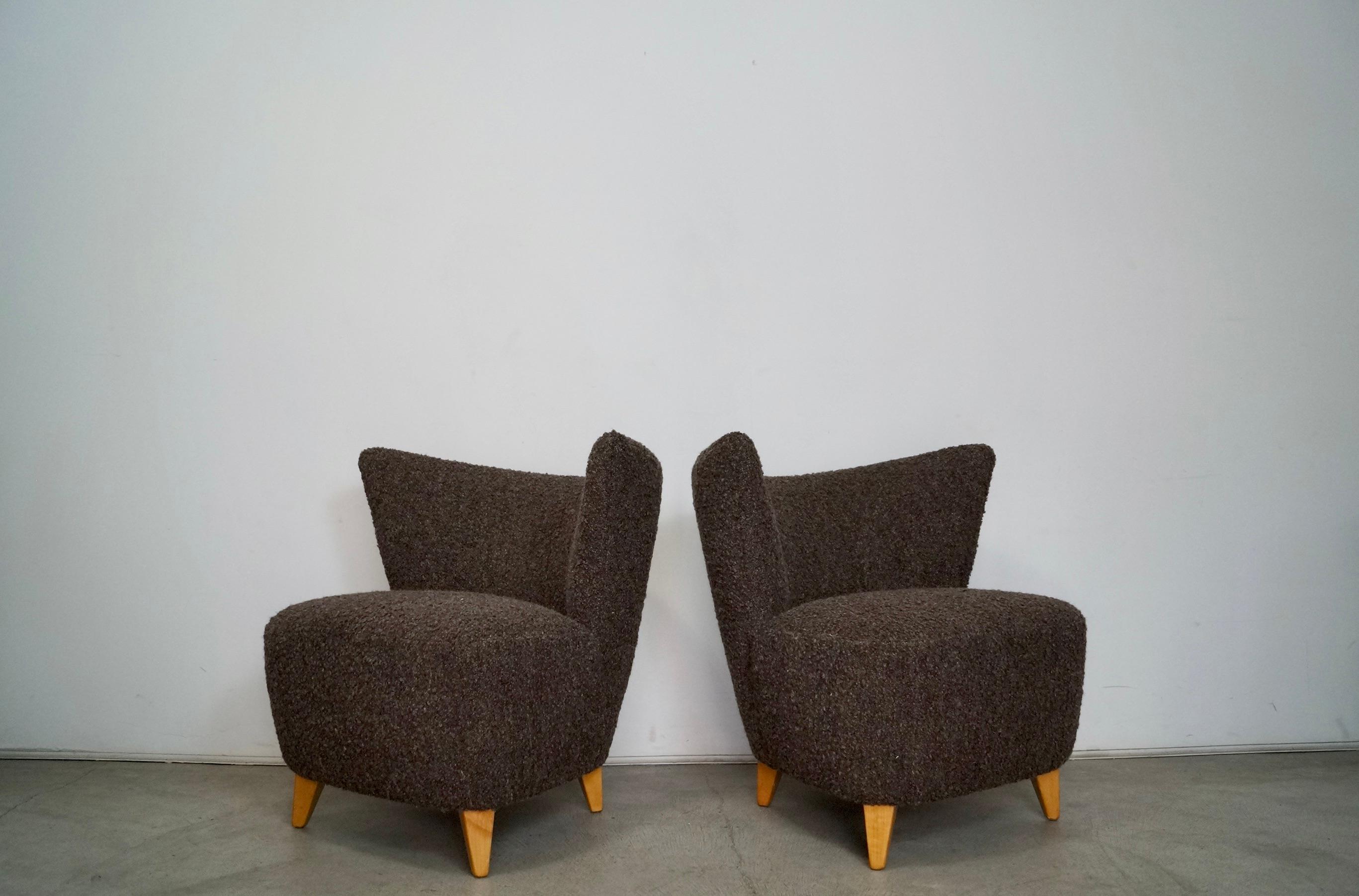 Pair of original Art Deco Midcentury Modern lounge chairs for sale. They have been professionally restored and are now in showroom condition. The legs are solid birch and have been refinished in a natural birch finish. They were professionally