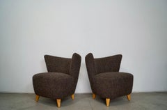 Pair of 1940's Art Deco Wingback Lounge Chairs Reupholstered in Belgic Wool
