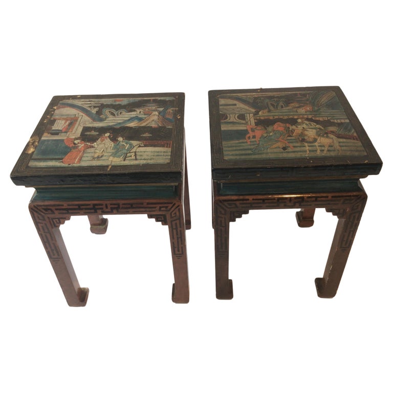 Pair of 1940s Asian Hand Painted Wood Tables at 1stDibs