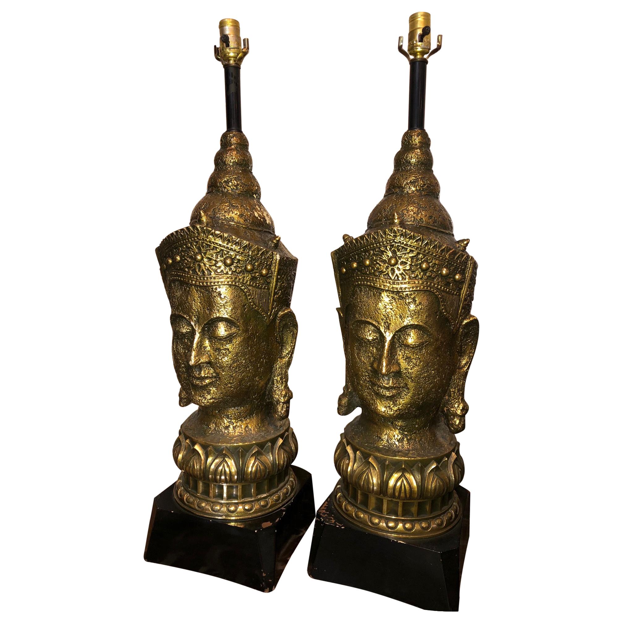 Pair of 1940s Asian Resin and Wood Lamps For Sale