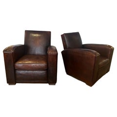 Pair of 1940s attributed Jacques Adnet Leather Club Chairs French Art Deco