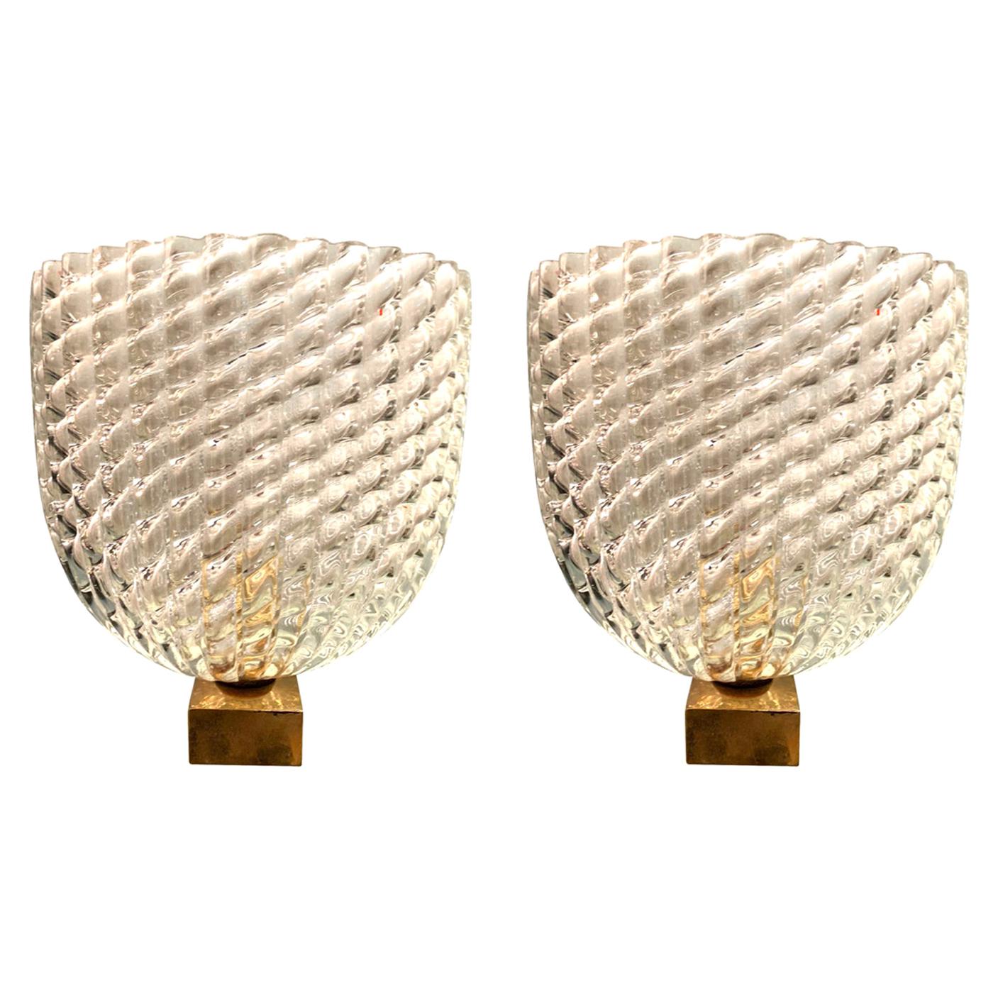 Pair of 1940s Barovier & Toso Glass and Brass Wall Sconces