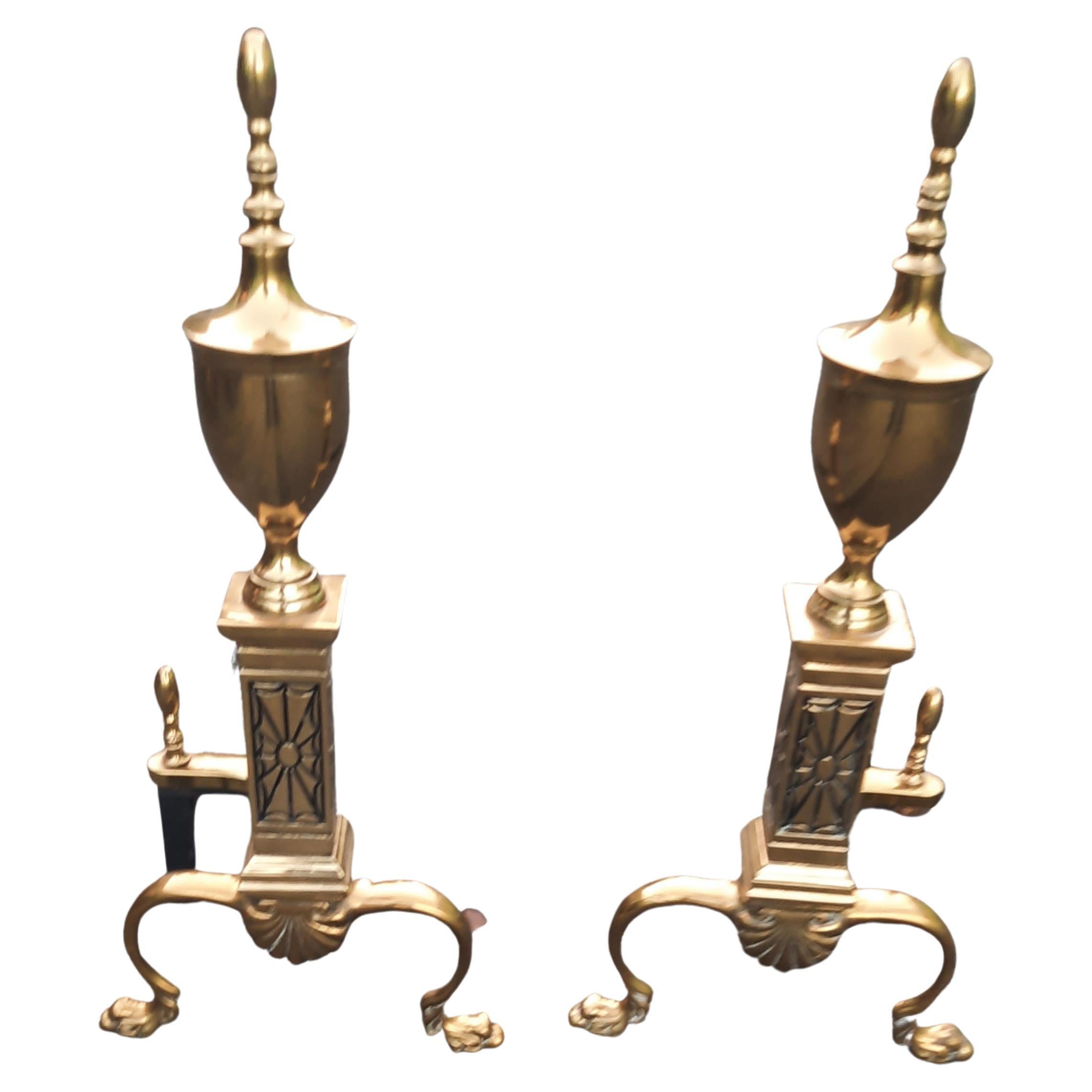 American Pair of 1940s Bennett Co. Chippendale Style Polished Brass Andirons