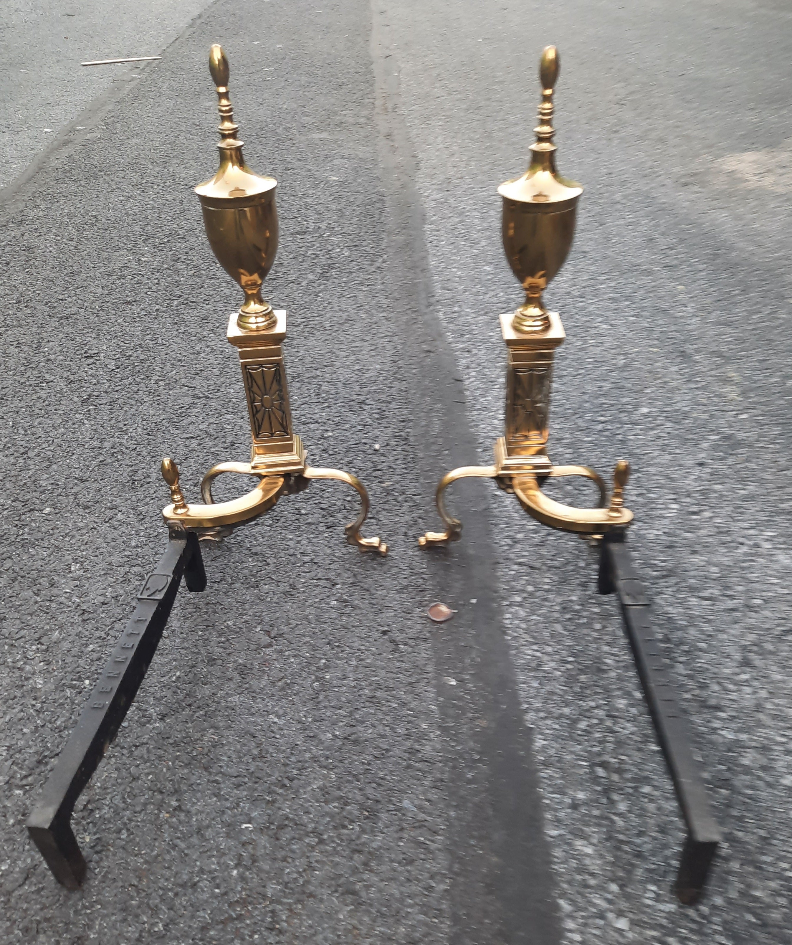 Pair of 1940s Bennett Co. Chippendale Style Polished Brass Andirons 2