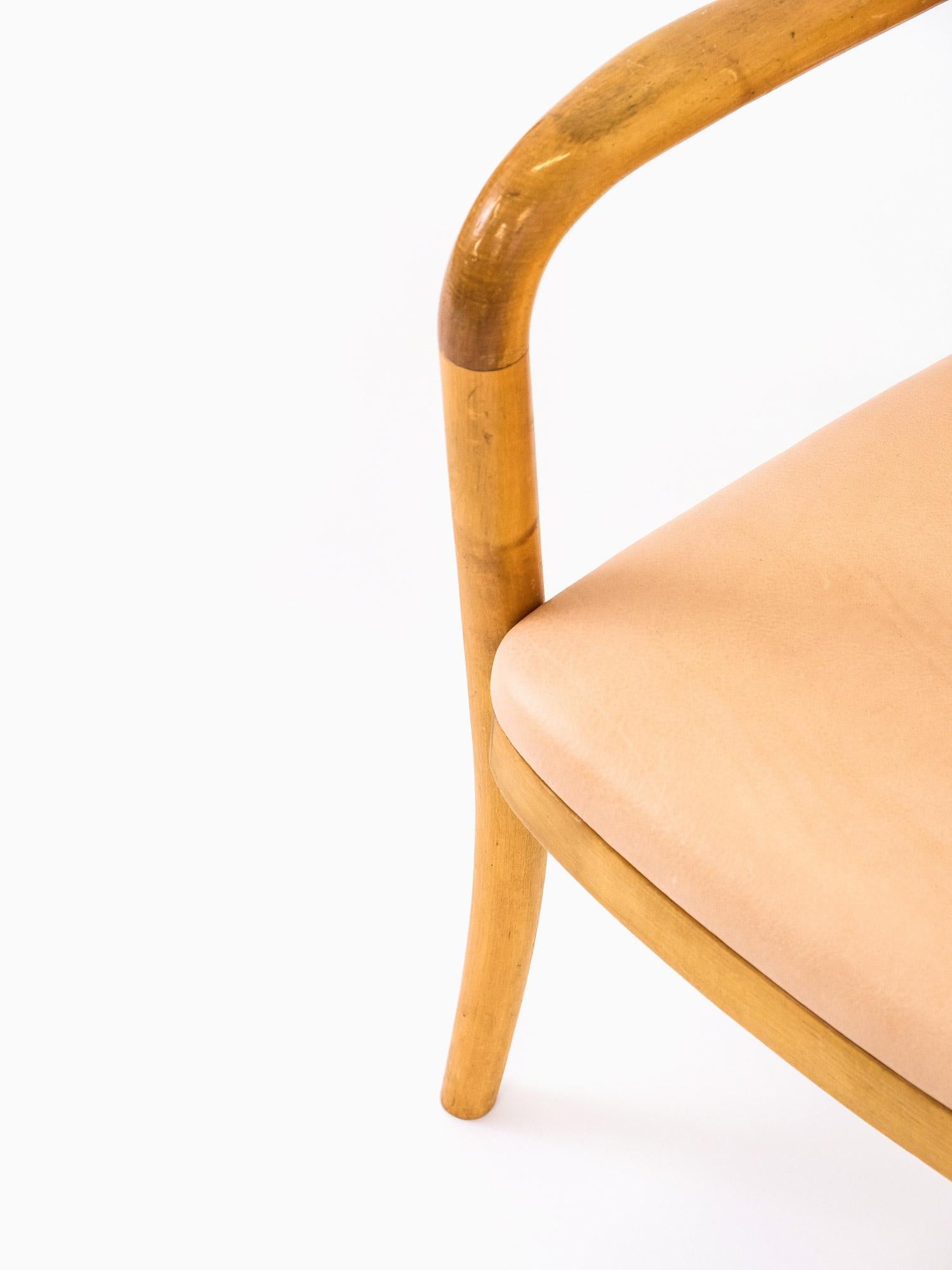 Scandinavian Modern Pair of 1940s Birch & Aniline Leather Armchairs Designed by Werner West, Finland