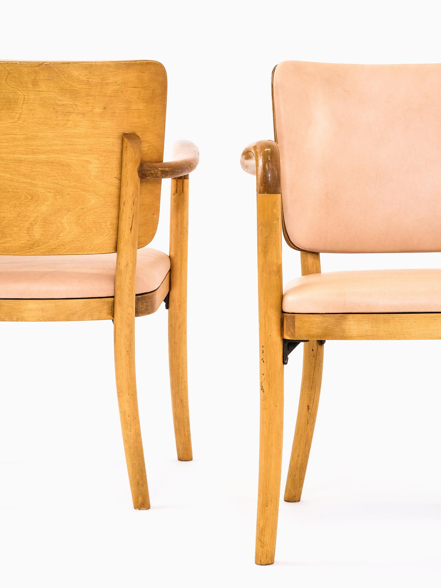 Veneer Pair of 1940s Birch & Aniline Leather Armchairs Designed by Werner West, Finland