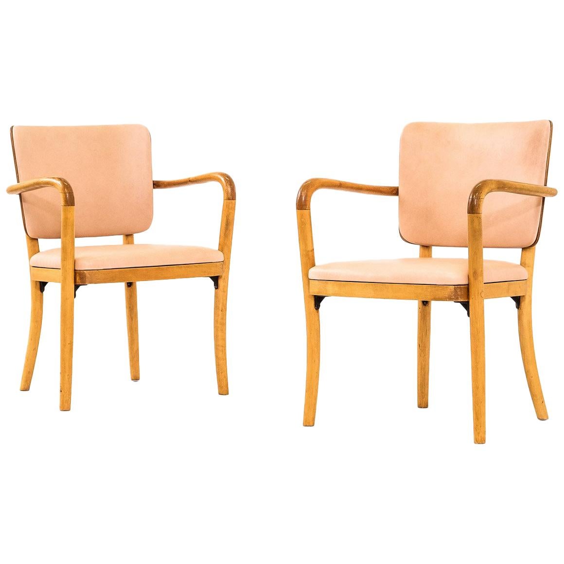 Pair of 1940s Birch & Aniline Leather Armchairs Designed by Werner West, Finland