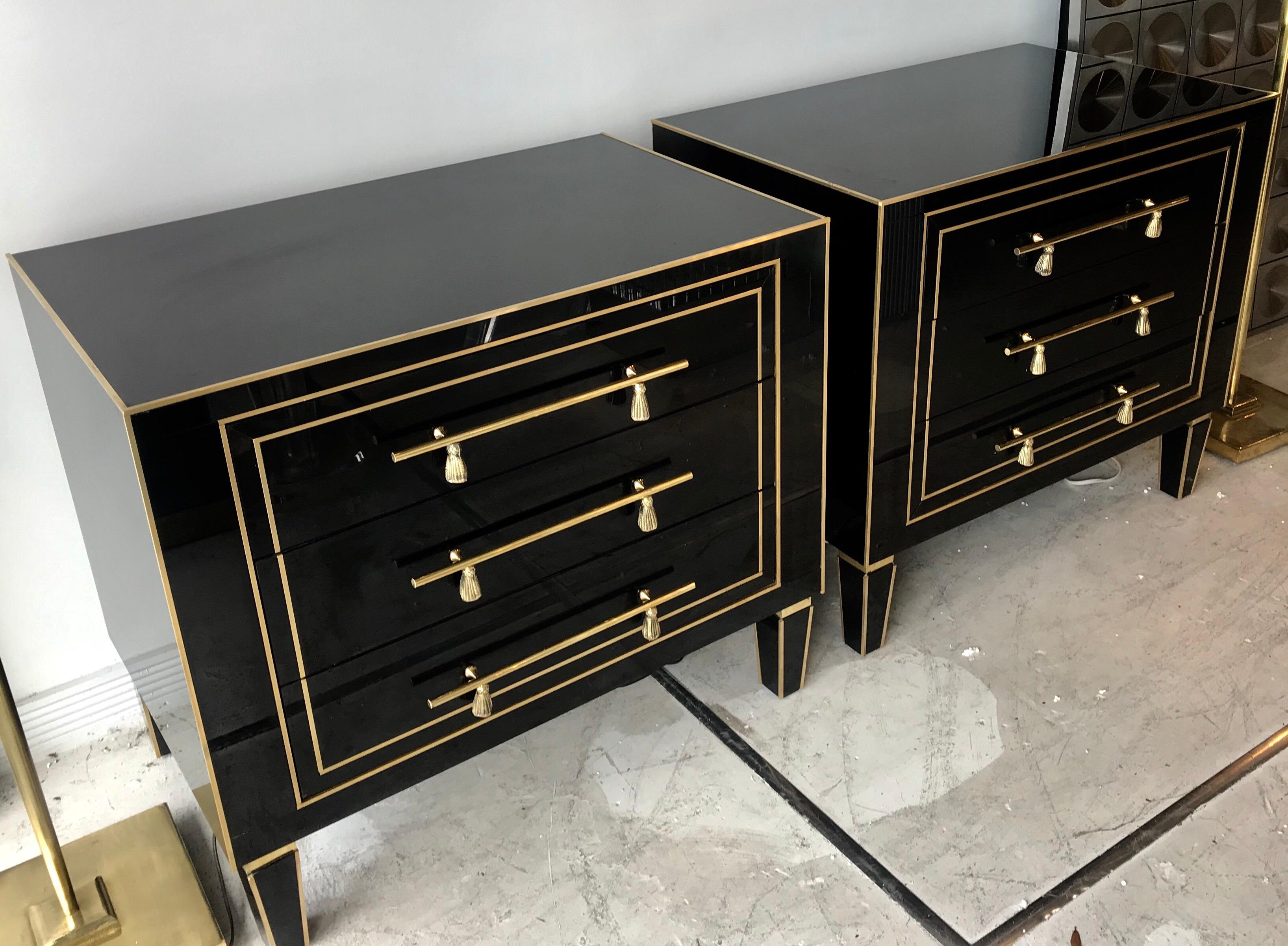 Pair of 1940s Black Glass and Brass Side Chests 4