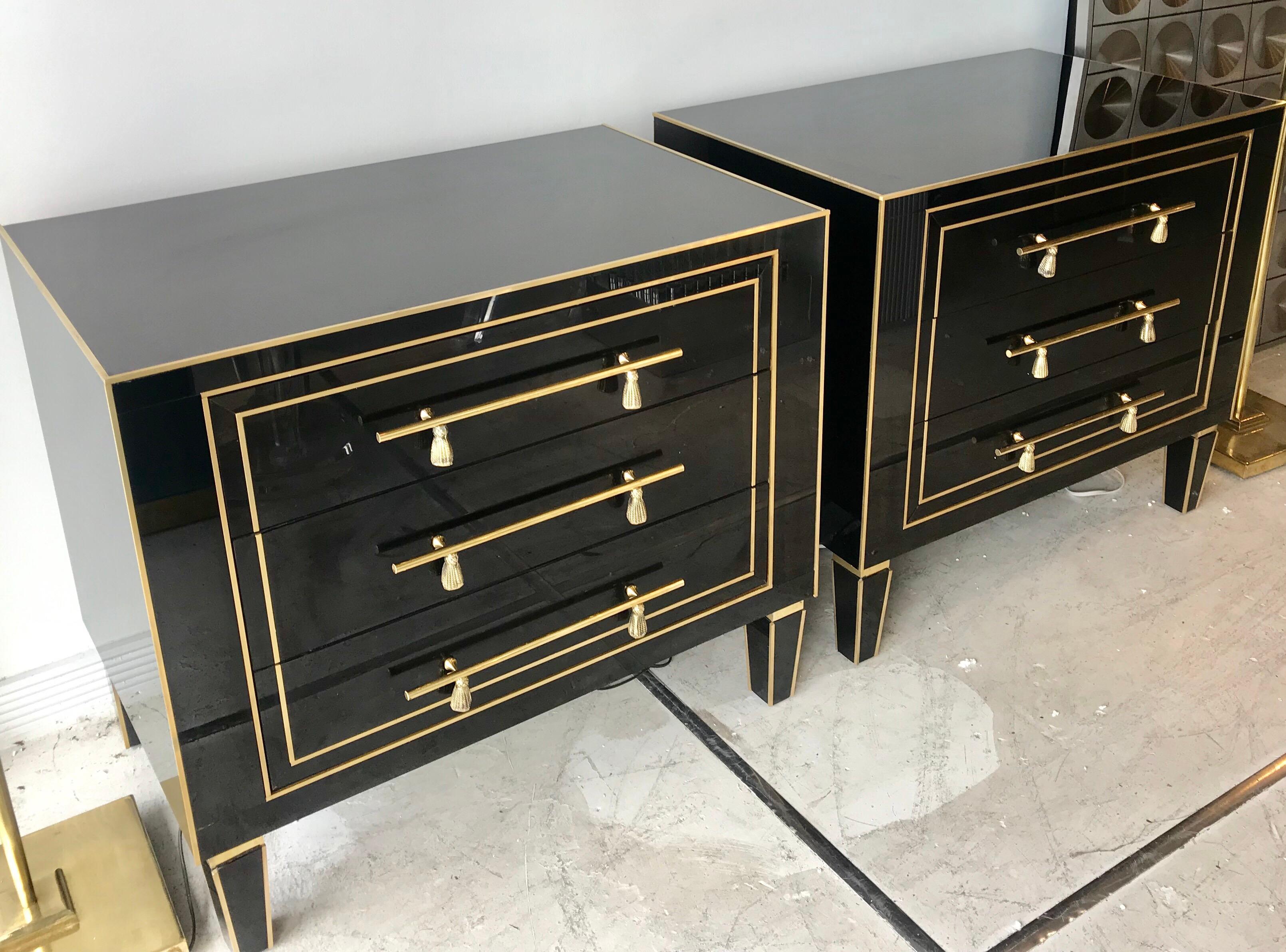 Pair of 1940s Black Glass and Brass Side Chests 6