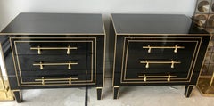 Pair of 1940s Black Glass and Brass Side Chests