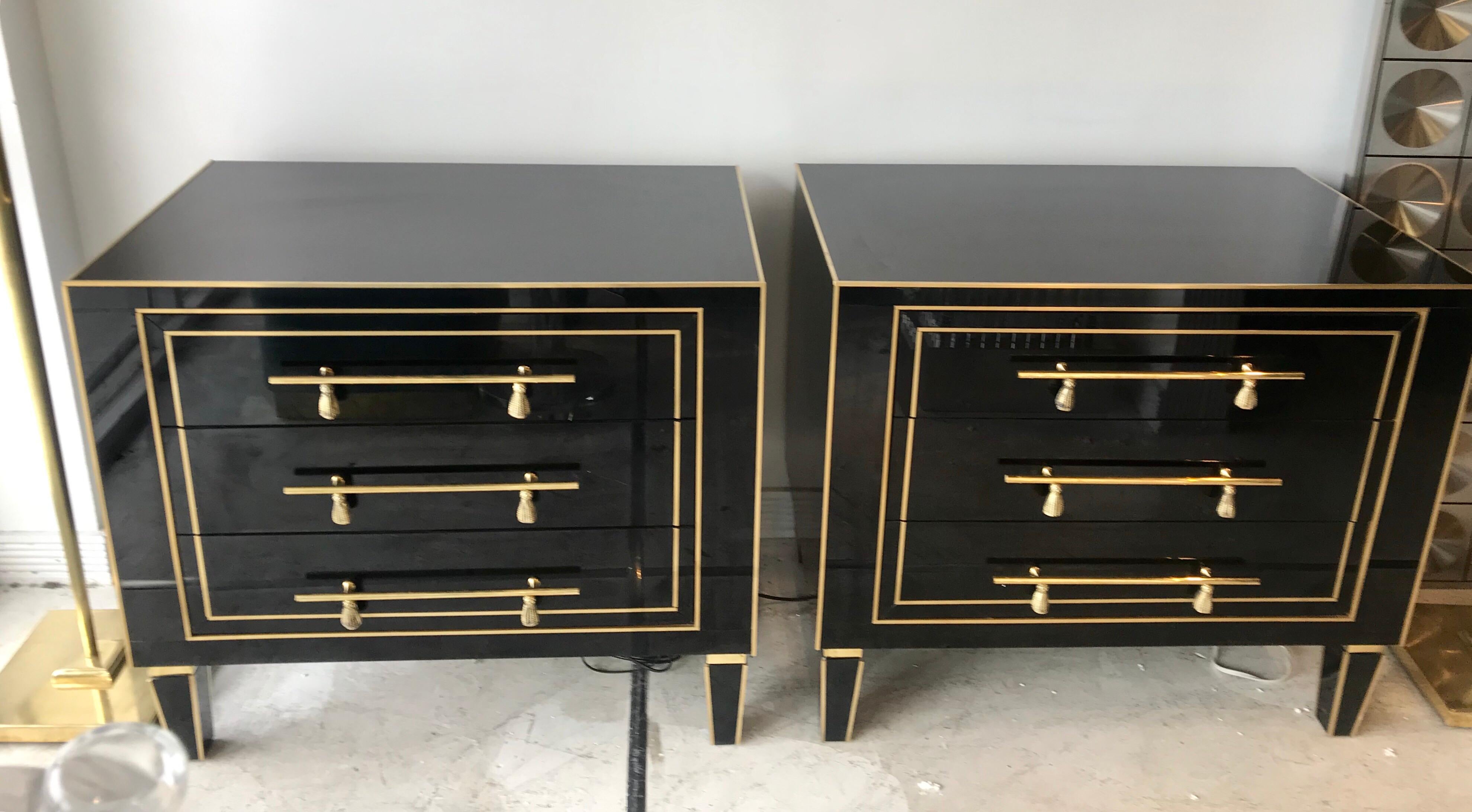 Italian Pair of 1940s Black Glass and Brass Side Chests