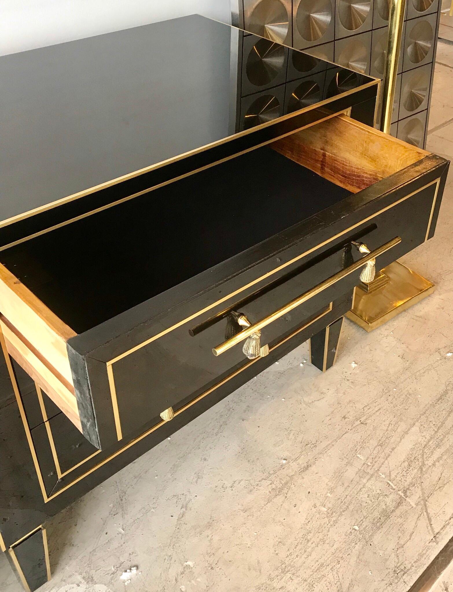 Pair of 1940s Black Glass and Brass Side Chests In Good Condition In Miami, FL