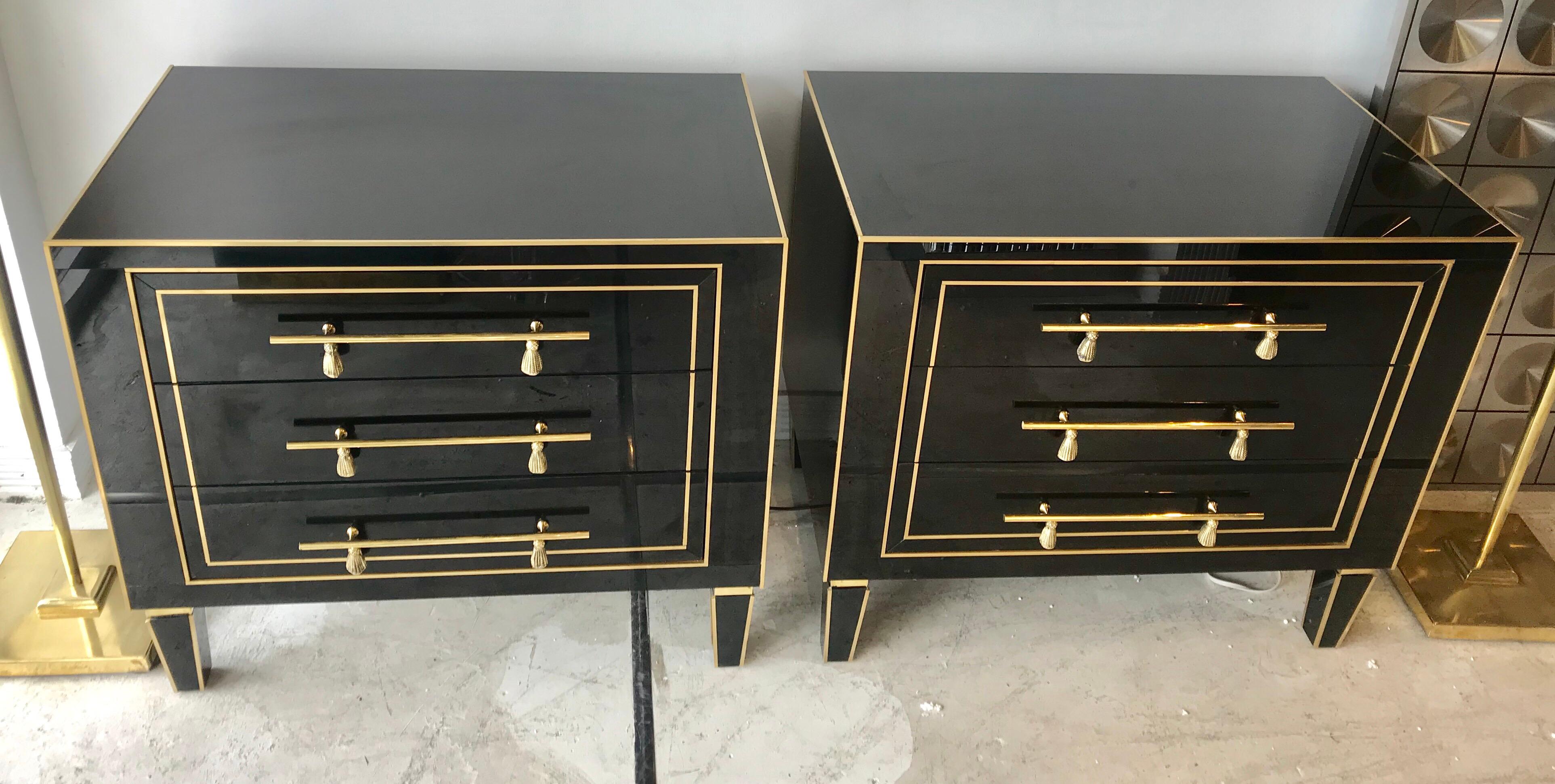 20th Century Pair of 1940s Black Glass and Brass Side Chests