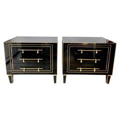 Pair of 1940s Black Glass and Brass Side Chests