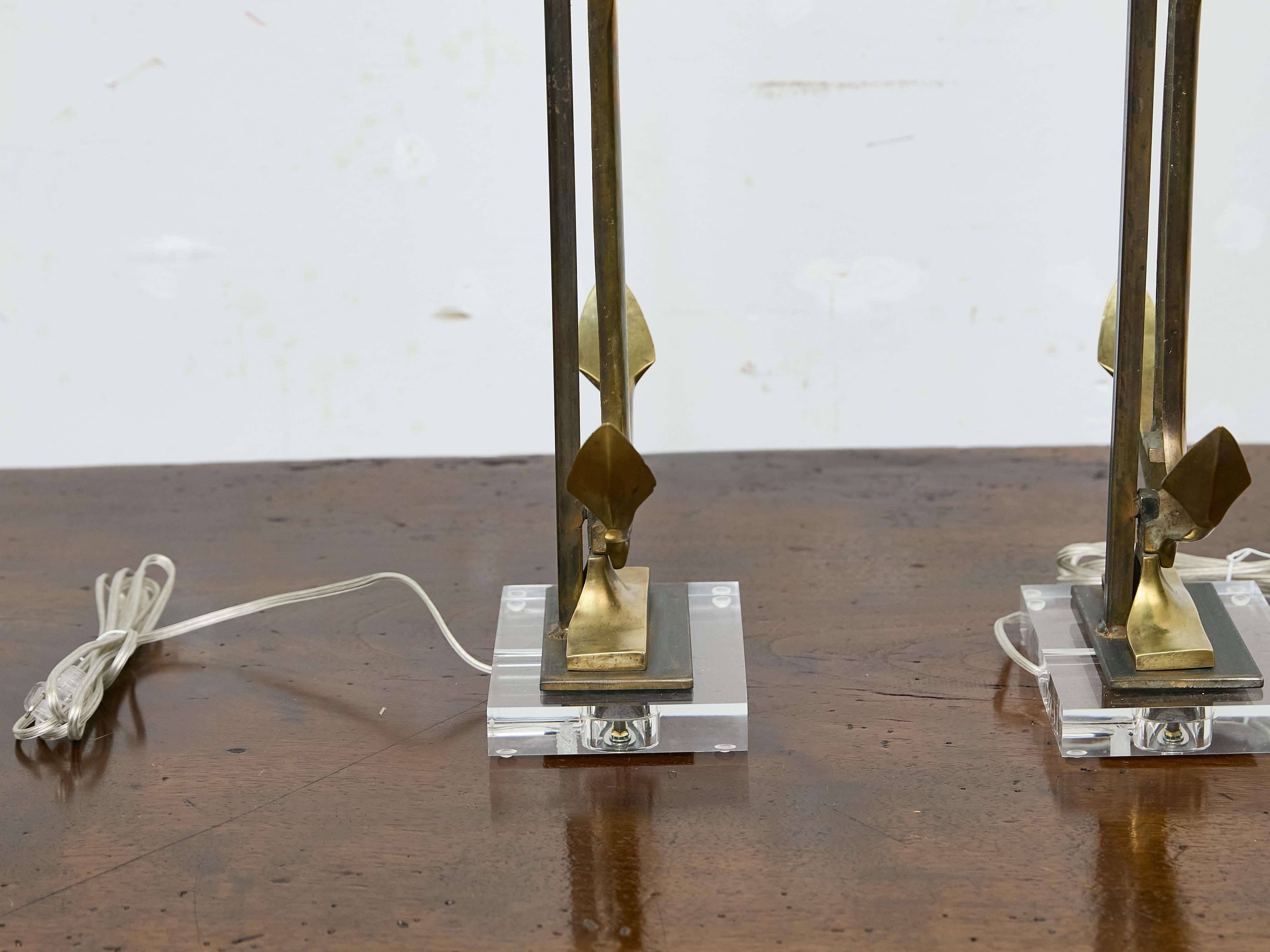 Pair of 1940s Bronze Anchor Lamps on Lucite Bases, Wired for USA For Sale 5