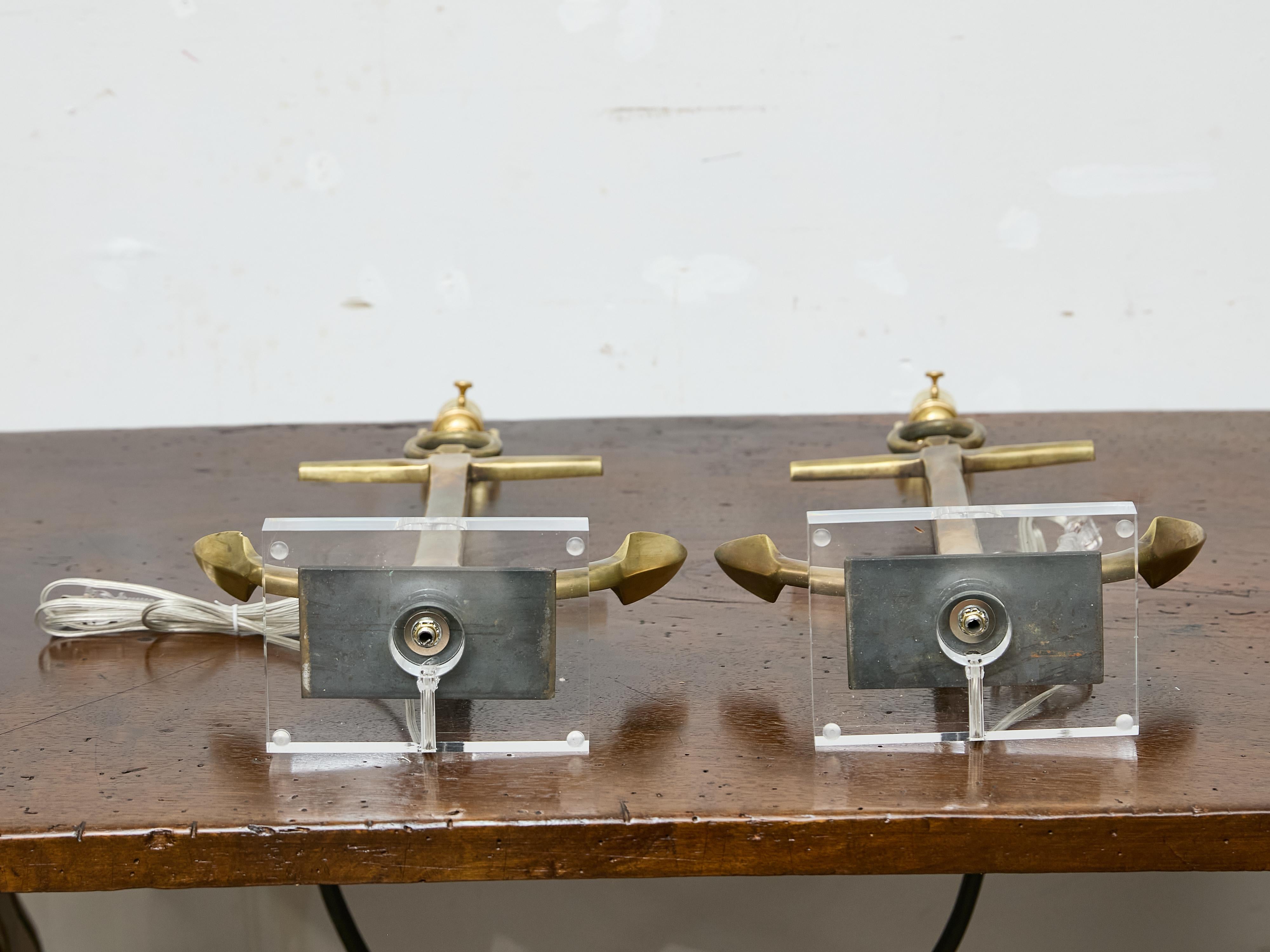 Pair of 1940s Bronze Anchor Lamps on Lucite Bases, Wired for USA For Sale 8