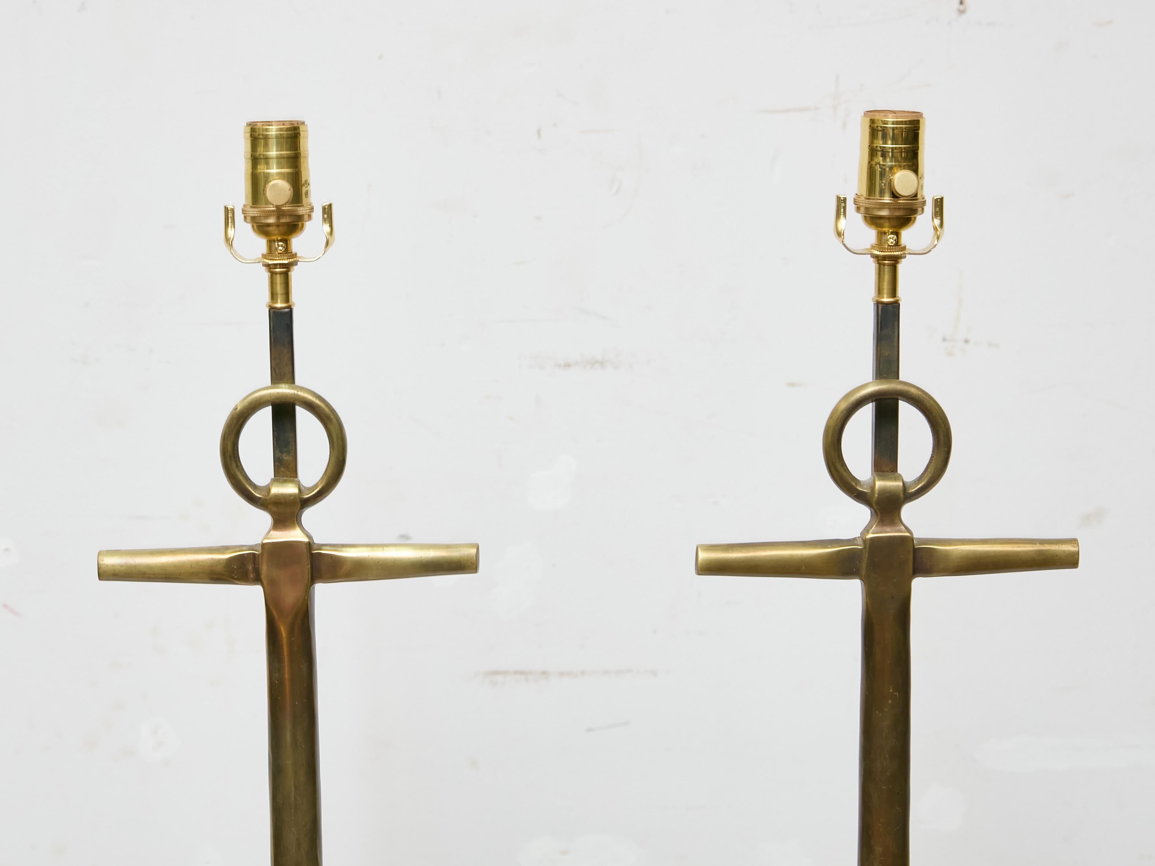 American Pair of 1940s Bronze Anchor Lamps on Lucite Bases, Wired for USA For Sale