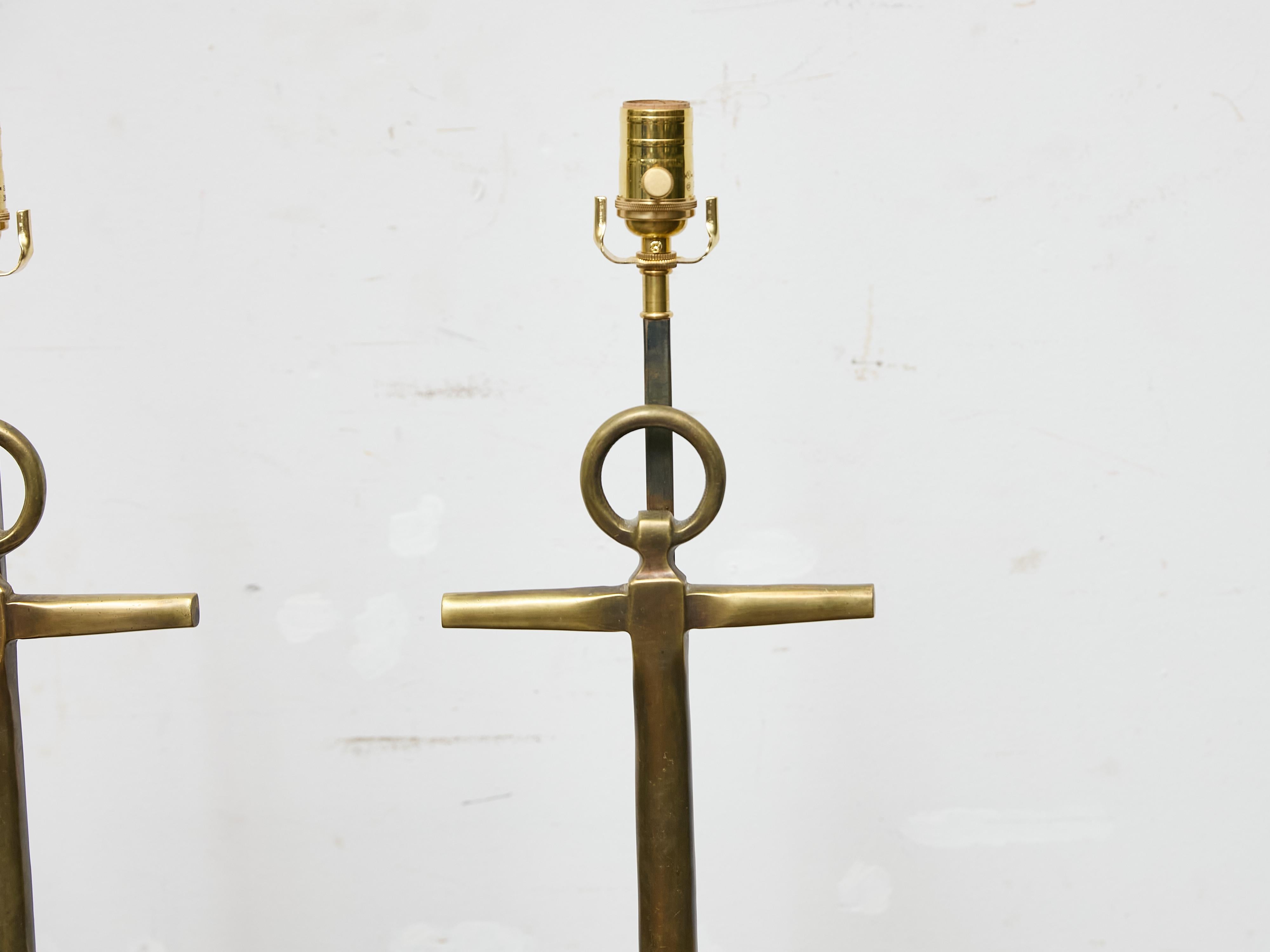 Cast Pair of 1940s Bronze Anchor Lamps on Lucite Bases, Wired for USA For Sale