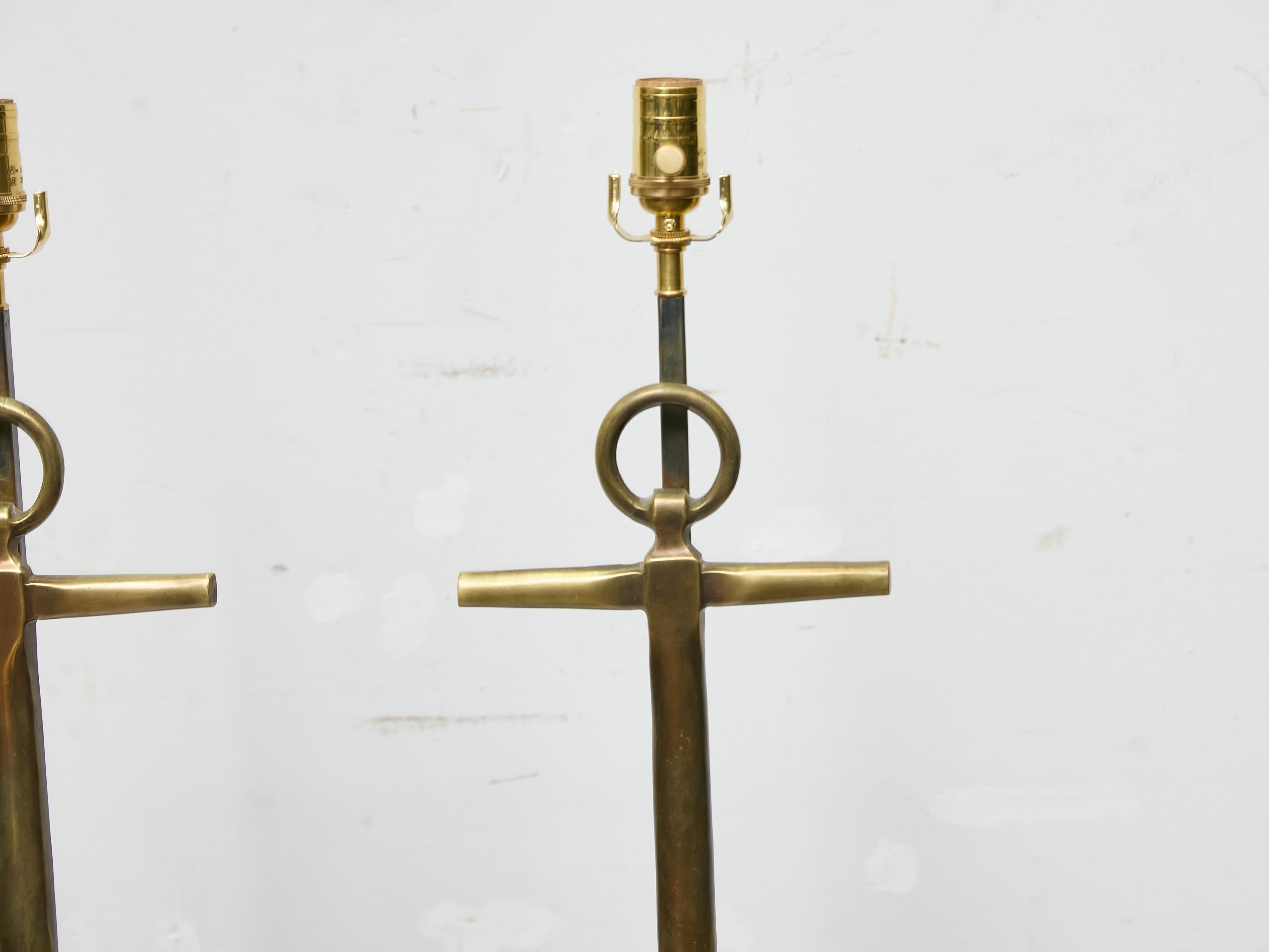 Pair of 1940s Bronze Anchor Lamps on Lucite Bases, Wired for USA In Good Condition For Sale In Atlanta, GA