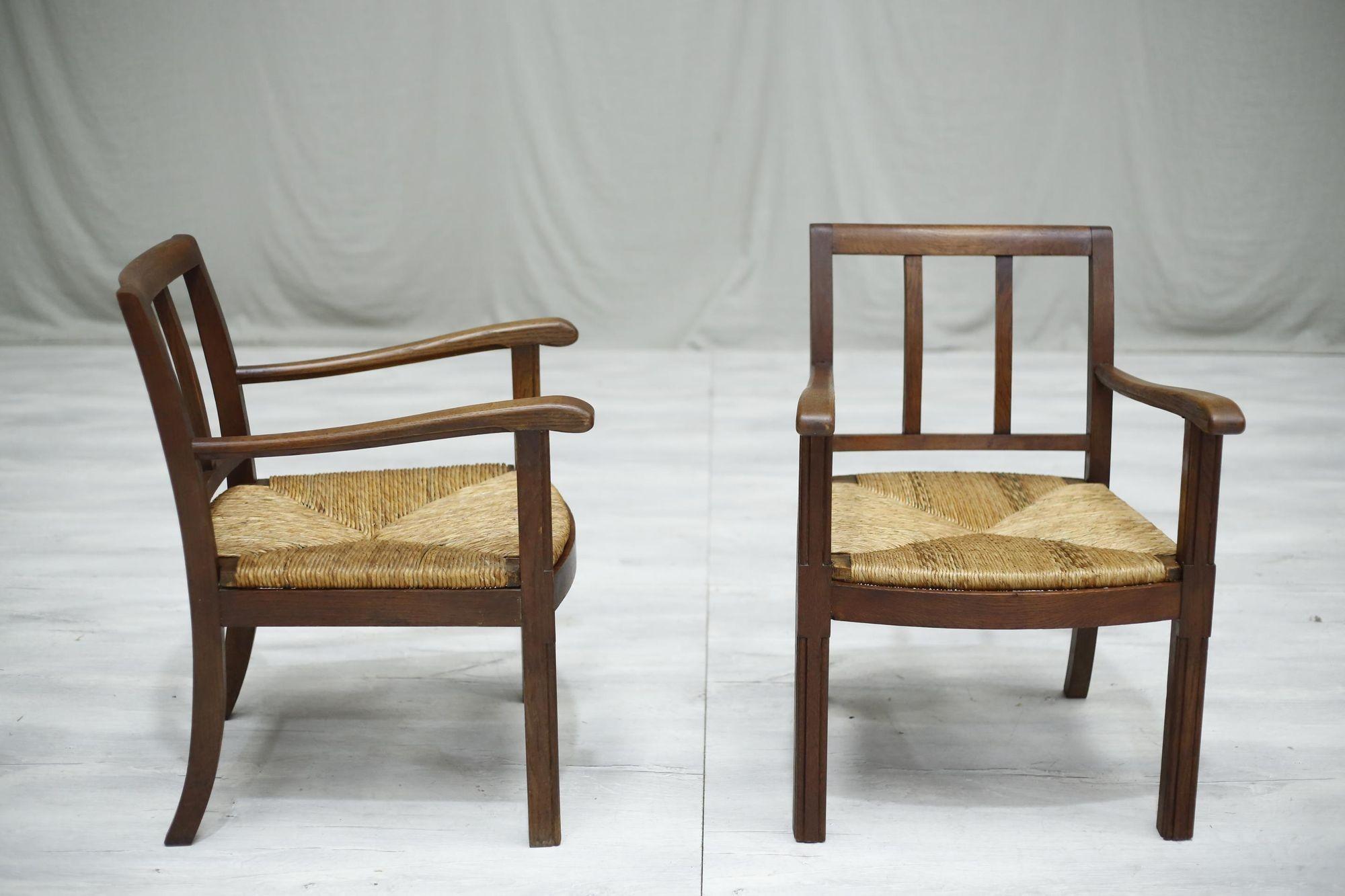Pair of 1940's Brutalist Oak and Rush Seated Lounge Chairs 6