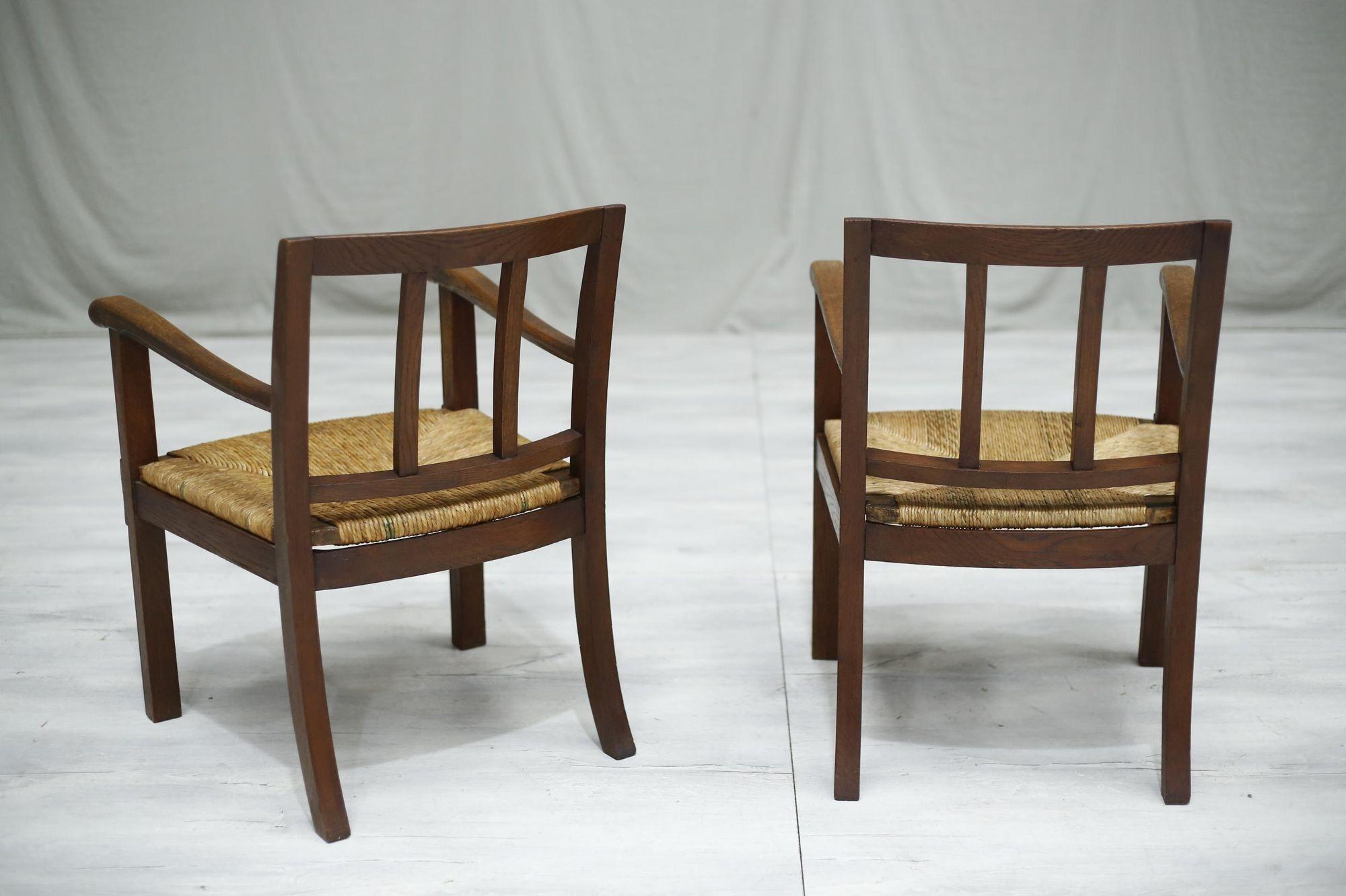 Pair of 1940's Brutalist Oak and Rush Seated Lounge Chairs 7