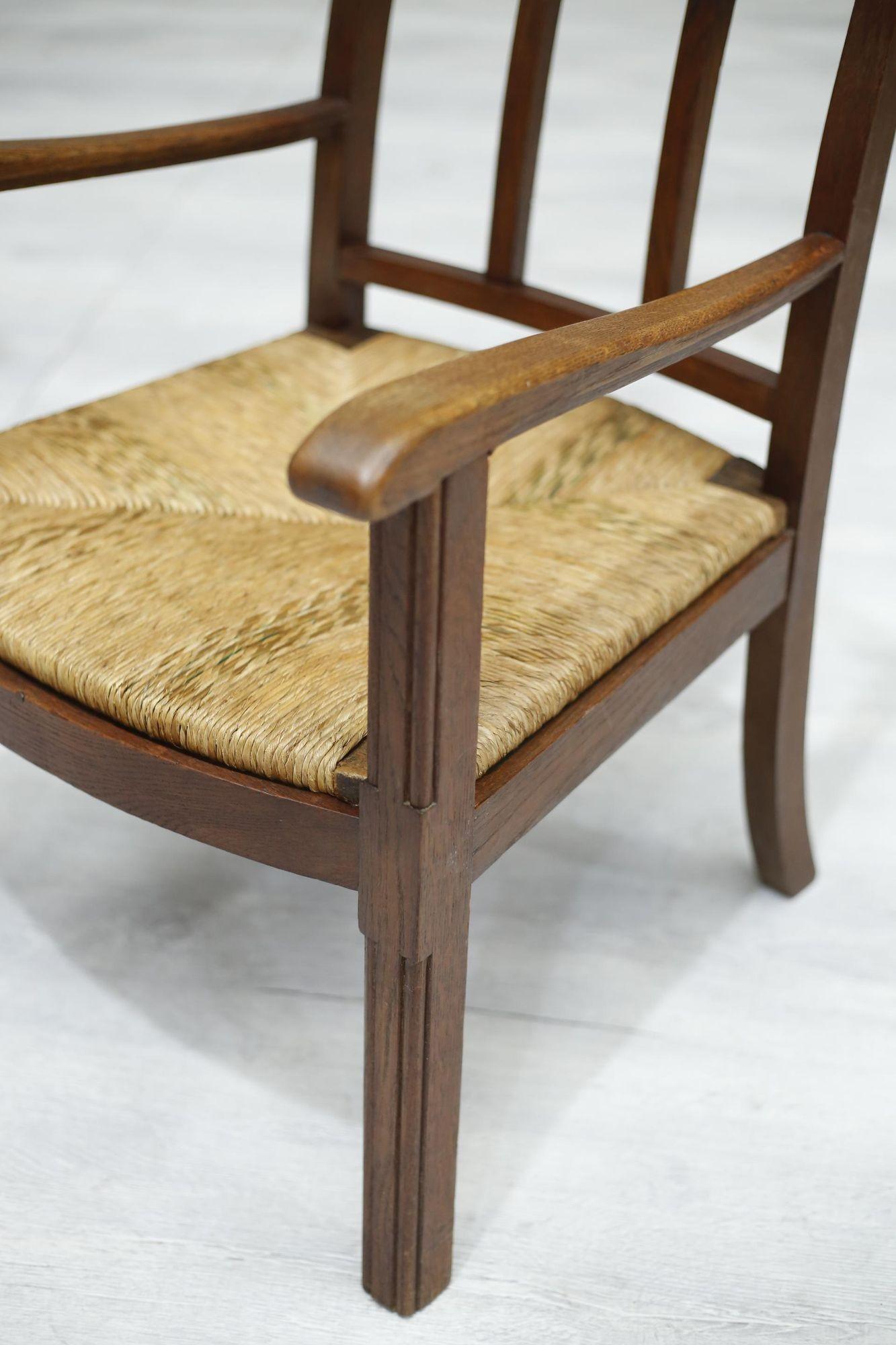 Mid-20th Century Pair of 1940's Brutalist Oak and Rush Seated Lounge Chairs