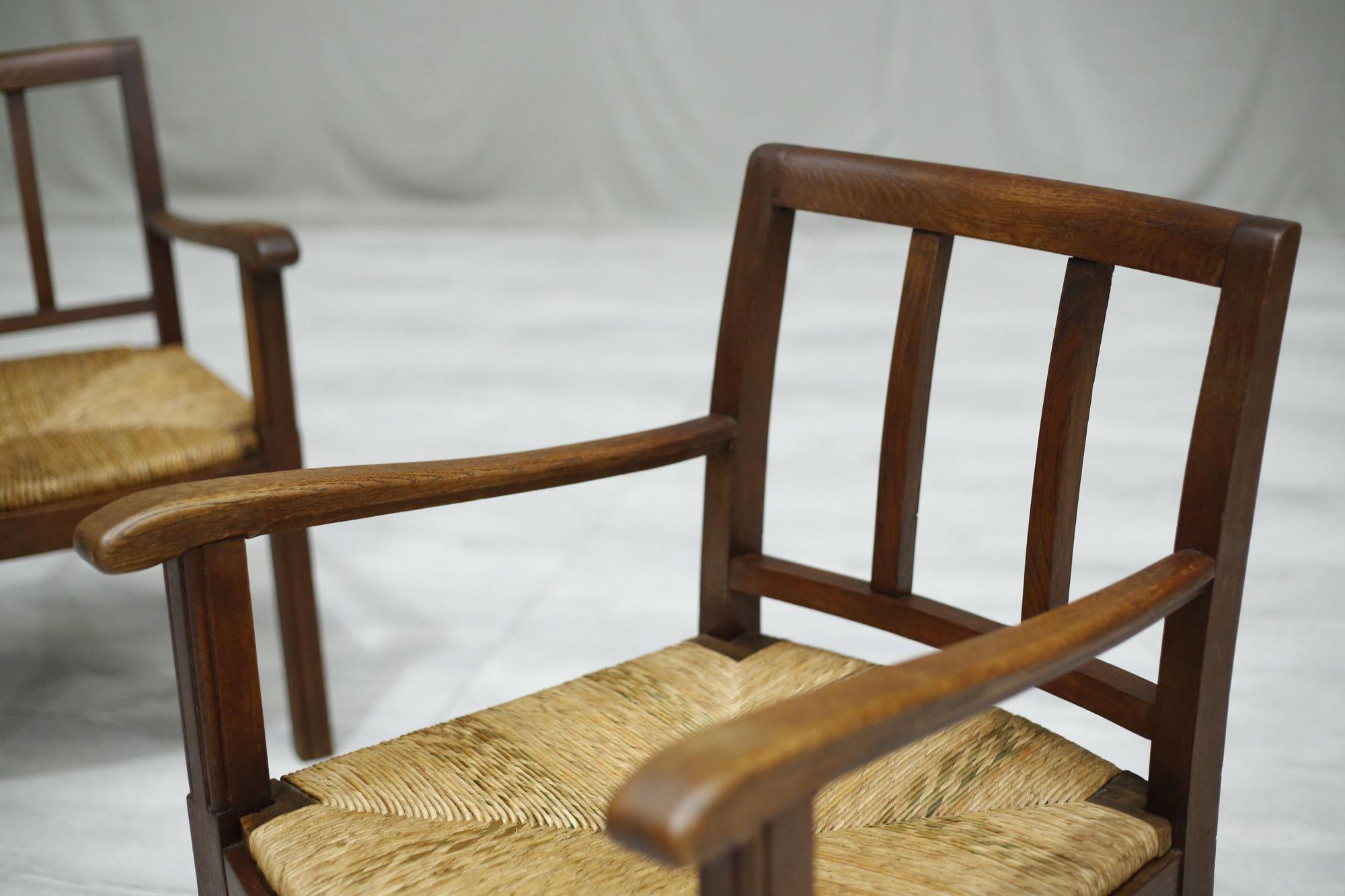 Pair of 1940's Brutalist Oak and Rush Seated Lounge Chairs 2