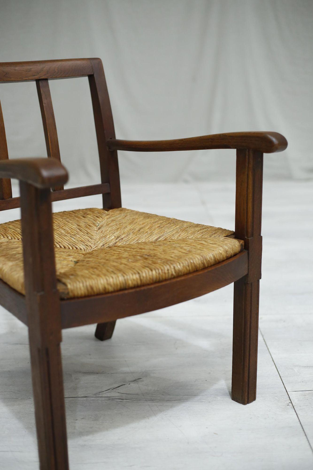 Pair of 1940's Brutalist Oak and Rush Seated Lounge Chairs 3