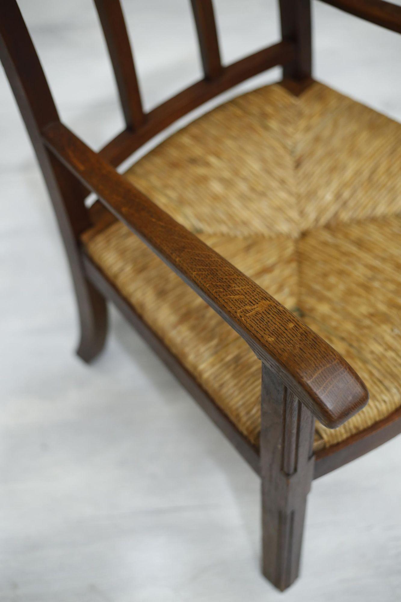 Pair of 1940's Brutalist Oak and Rush Seated Lounge Chairs 4