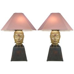 Vintage Pair of 1940s Buddah Lamps Attributed to James Mont