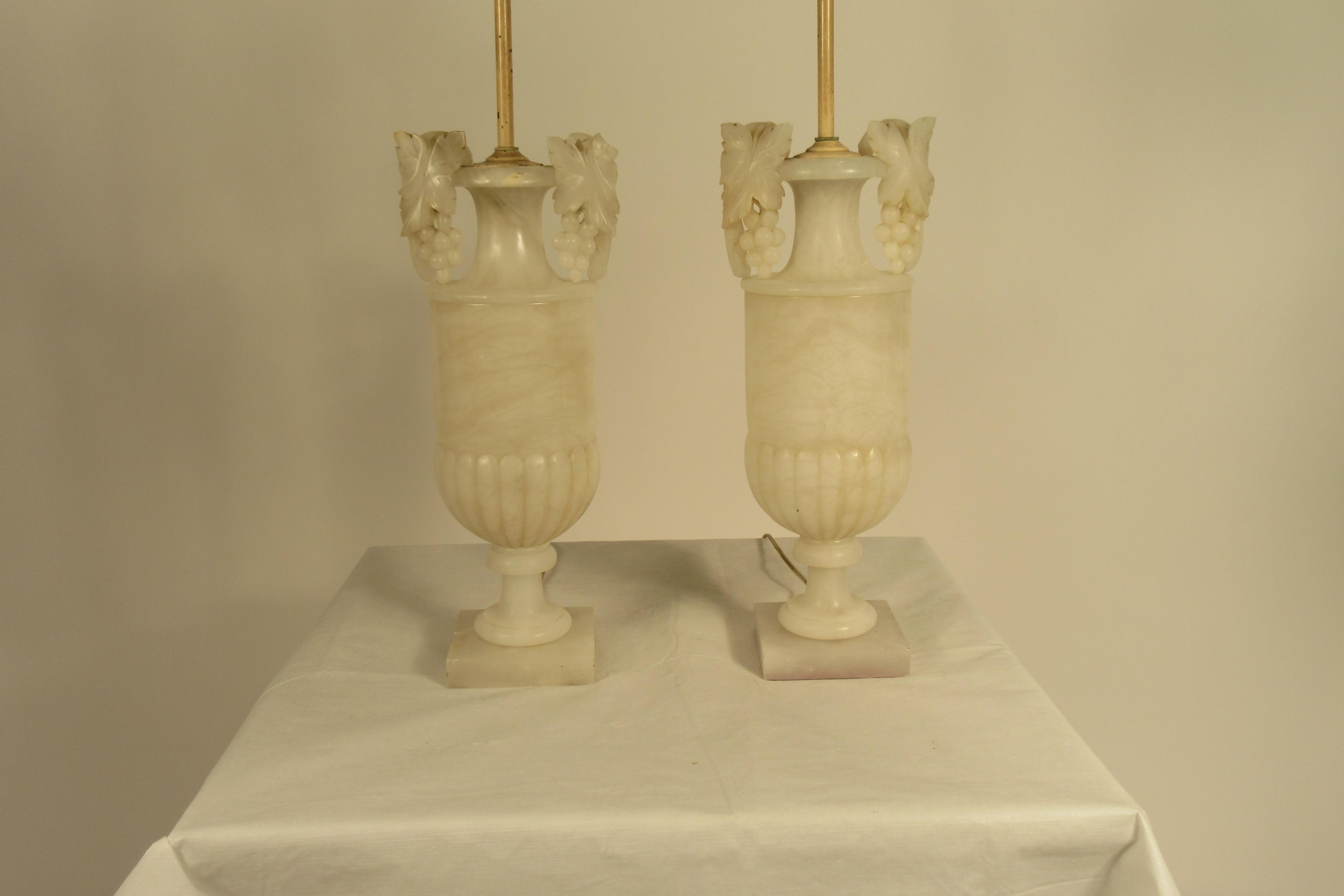 Pair of 1940s Carved Alabaster Lamps with Grape Handles In Good Condition In Tarrytown, NY