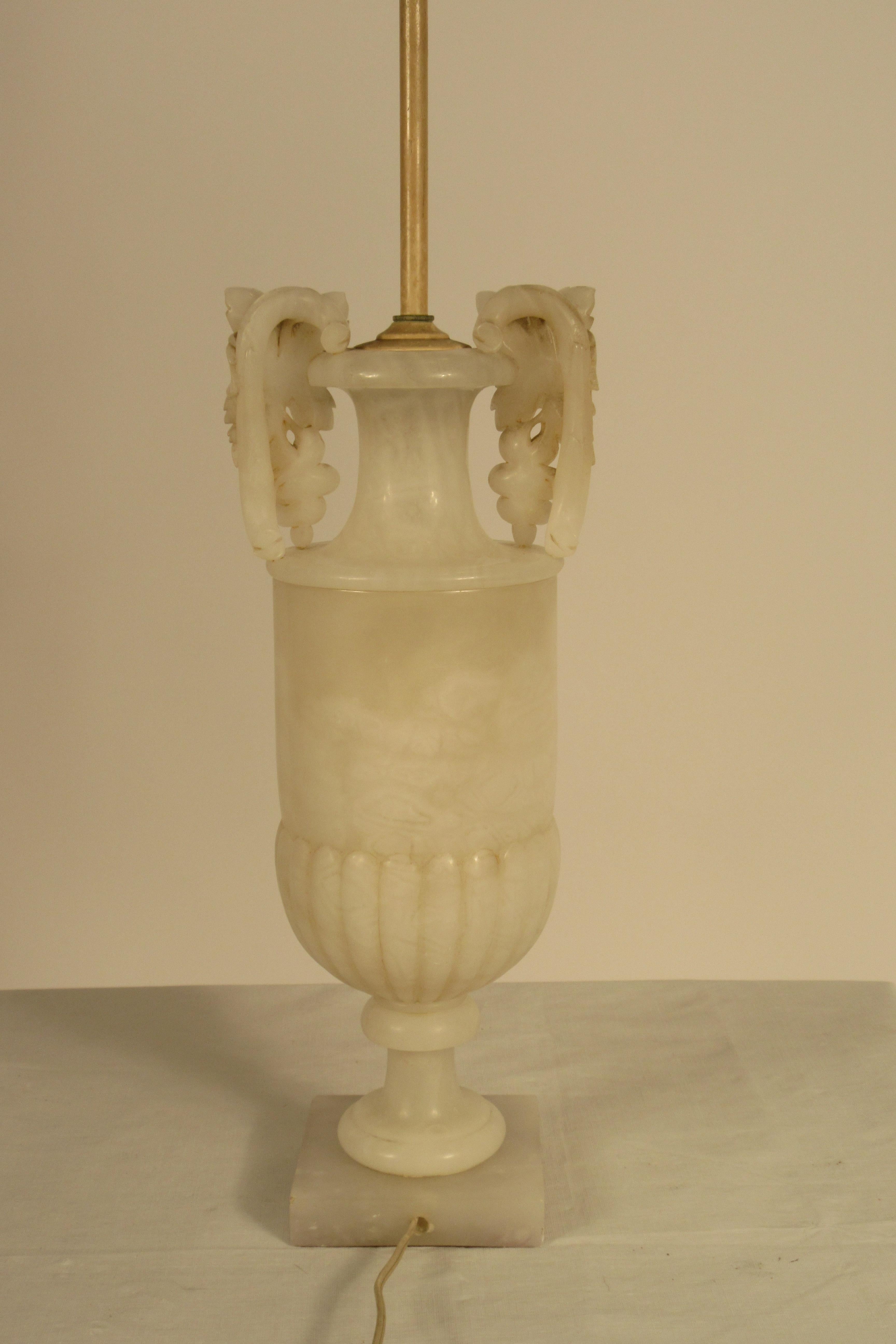 Mid-20th Century Pair of 1940s Carved Alabaster Lamps with Grape Handles