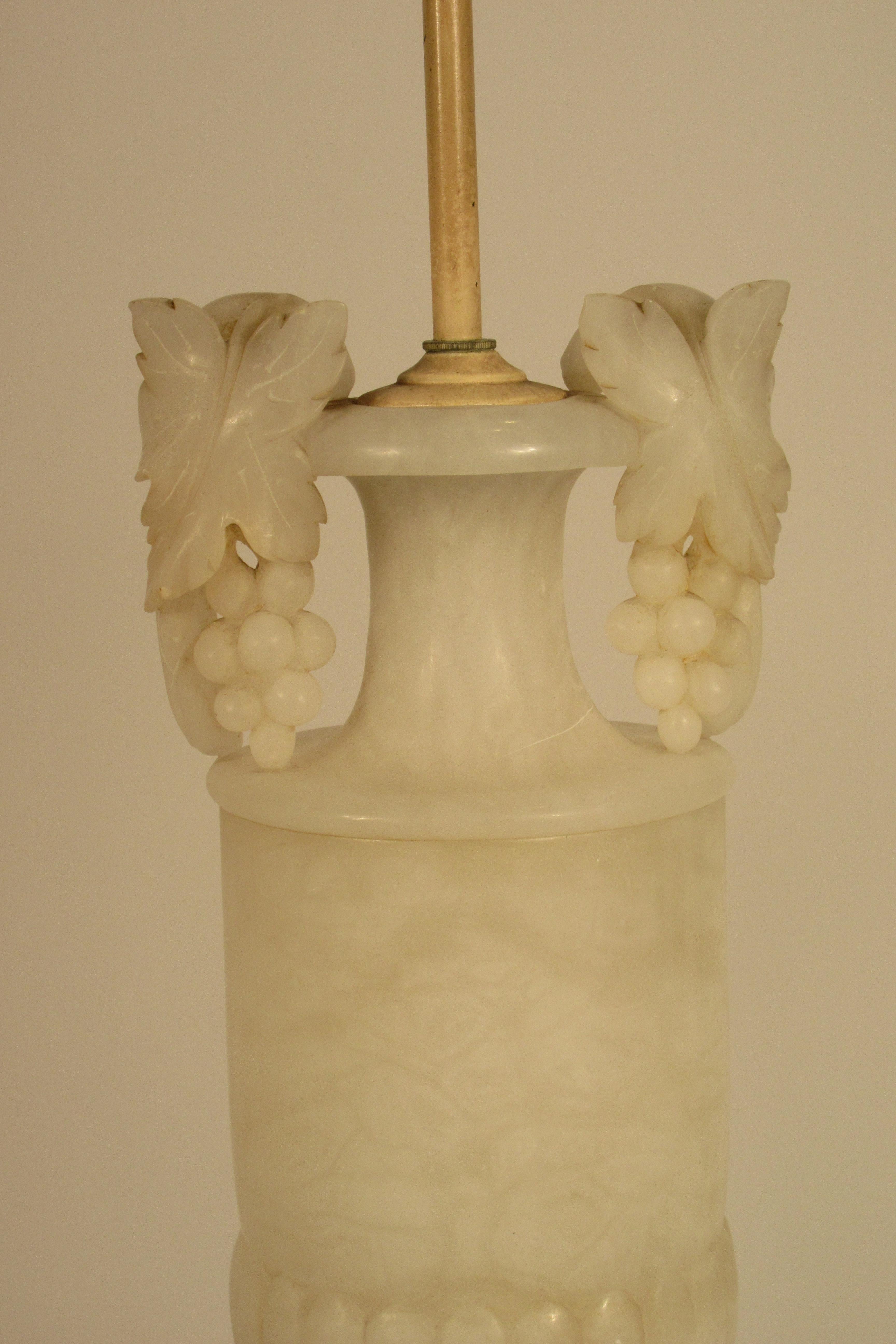 Pair of 1940s Carved Alabaster Lamps with Grape Handles 1