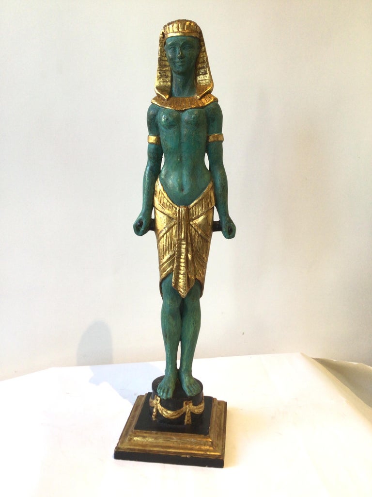Pair Of 1940s Carved Gilt Wood Male And Female Egyptian Figures For