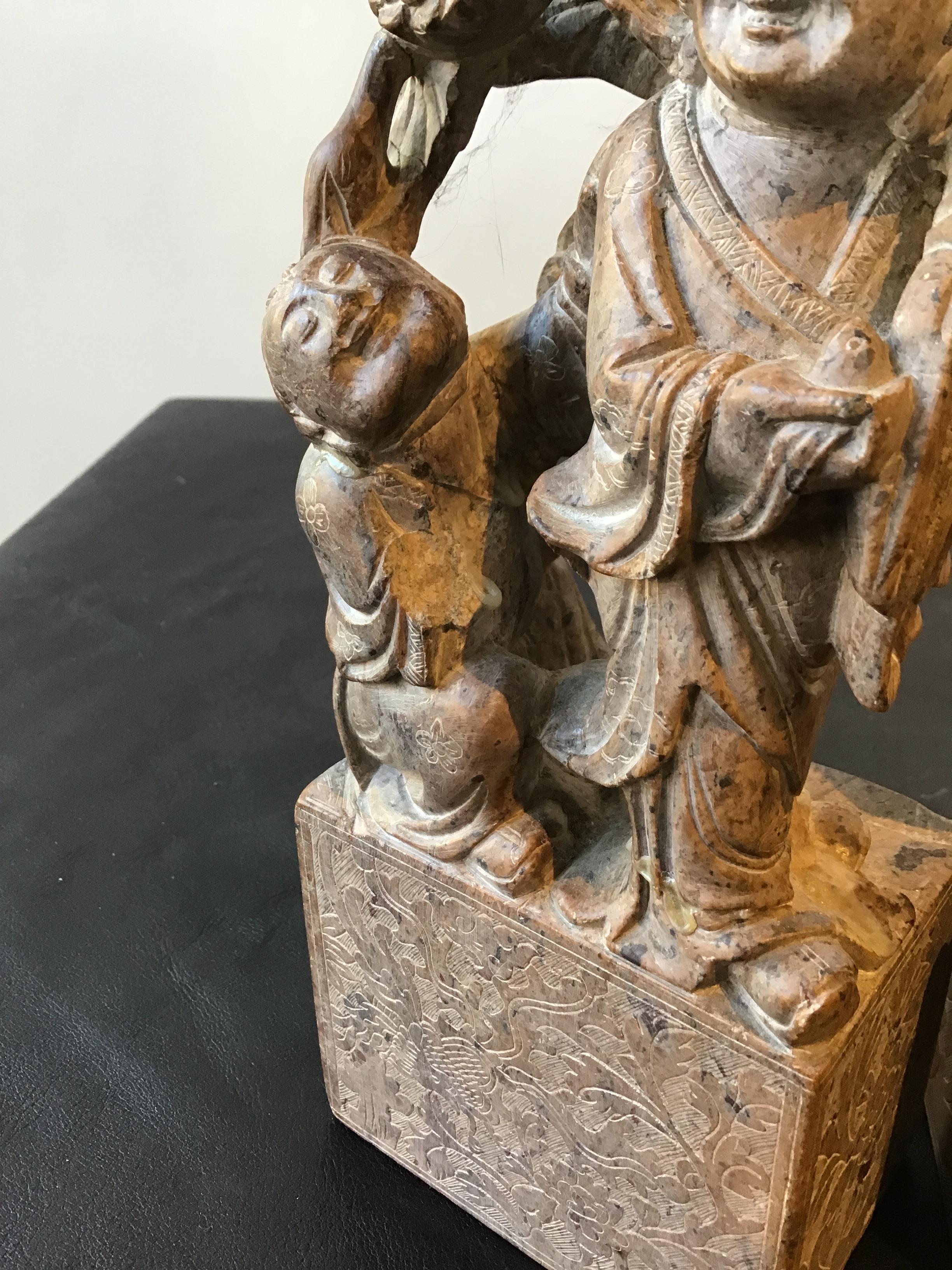 Pair of 1940s Carved Soapstone Chinese Figures For Sale 2