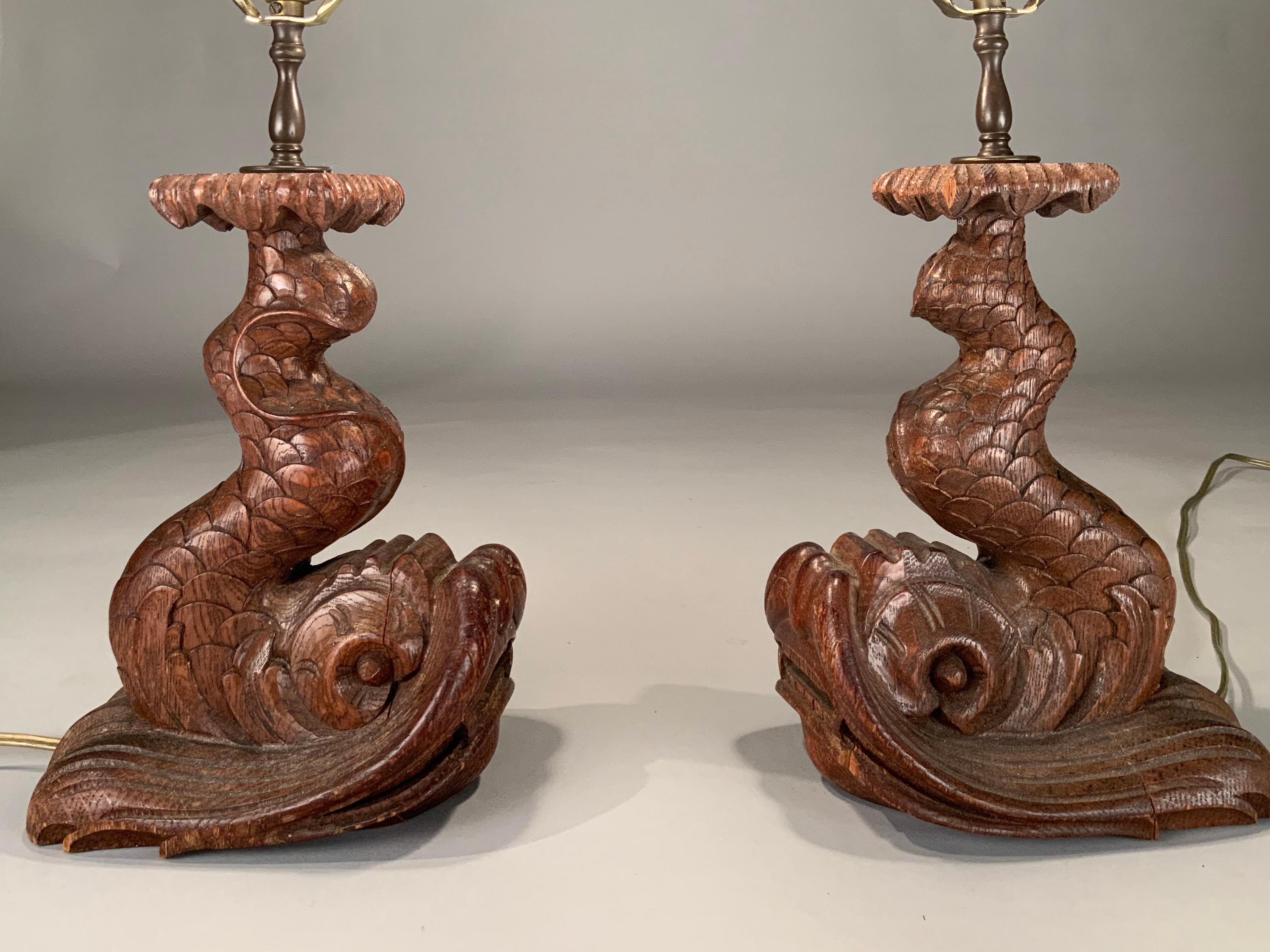 Pair of 1940's Carved Wood Koi Fish Table Lamps For Sale 4