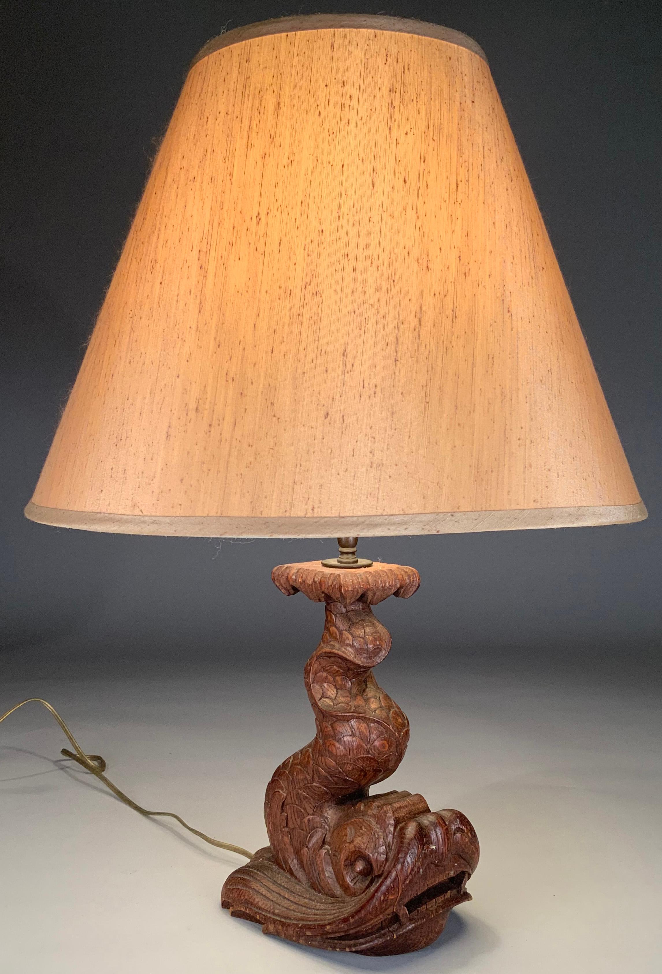 North American Pair of 1940's Carved Wood Koi Fish Table Lamps For Sale
