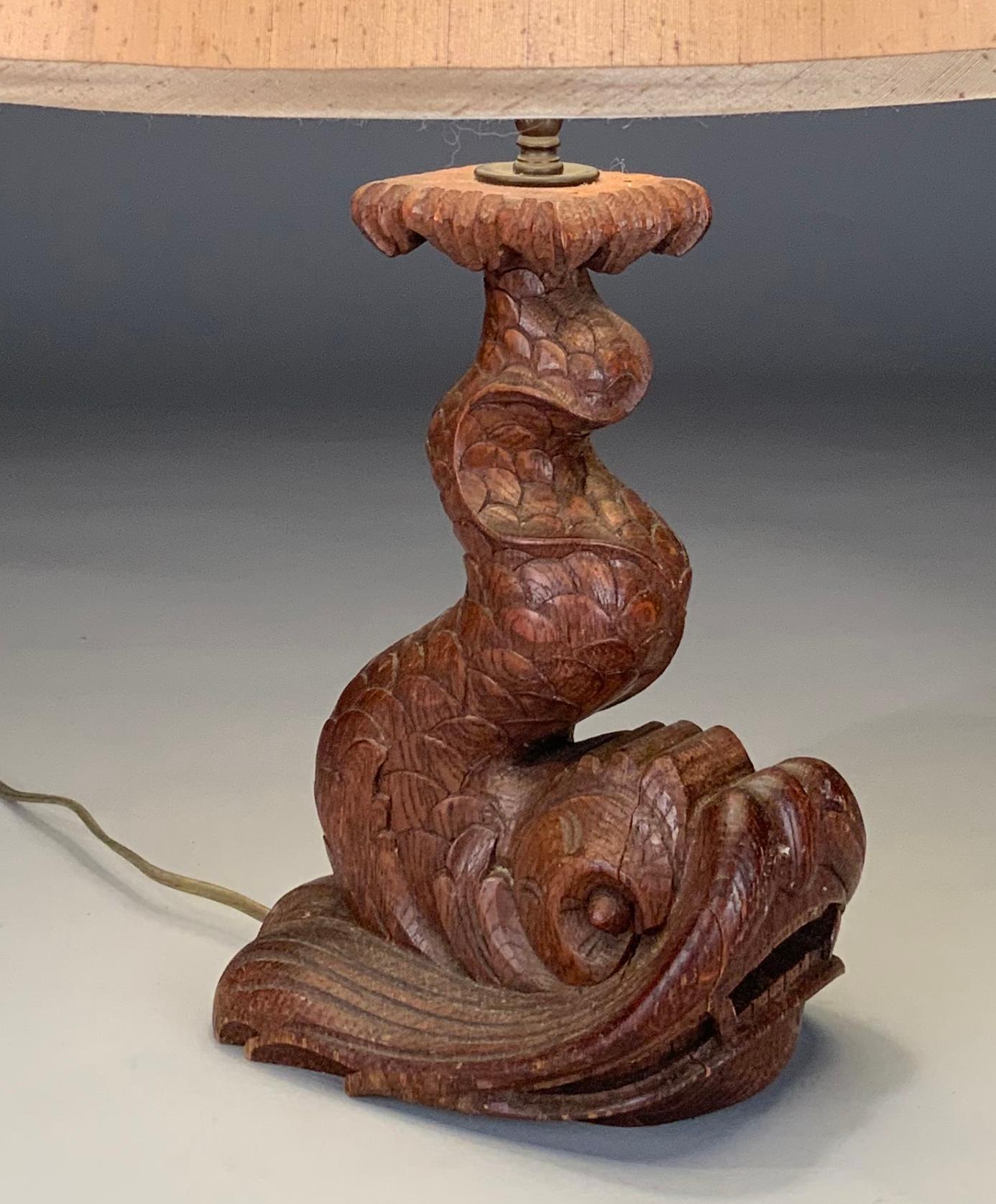 Pair of 1940's Carved Wood Koi Fish Table Lamps In Good Condition For Sale In Hudson, NY